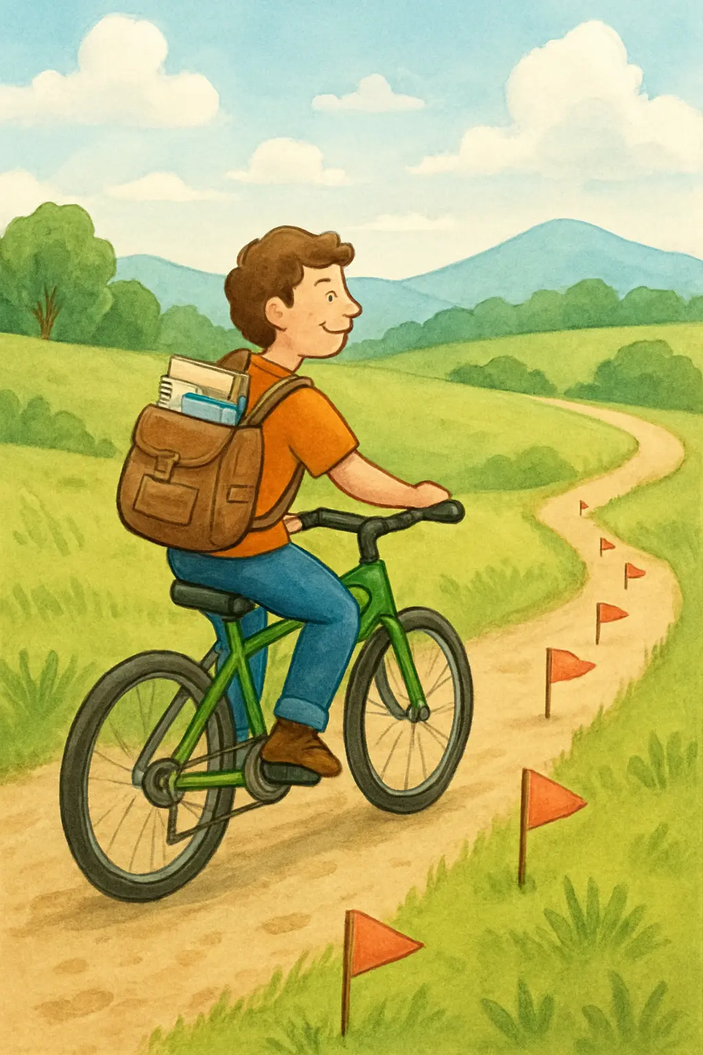 Illustration of a person cycling past milestone flags on a countryside trail, showing rewarding hobbies that replace the reward of smoking