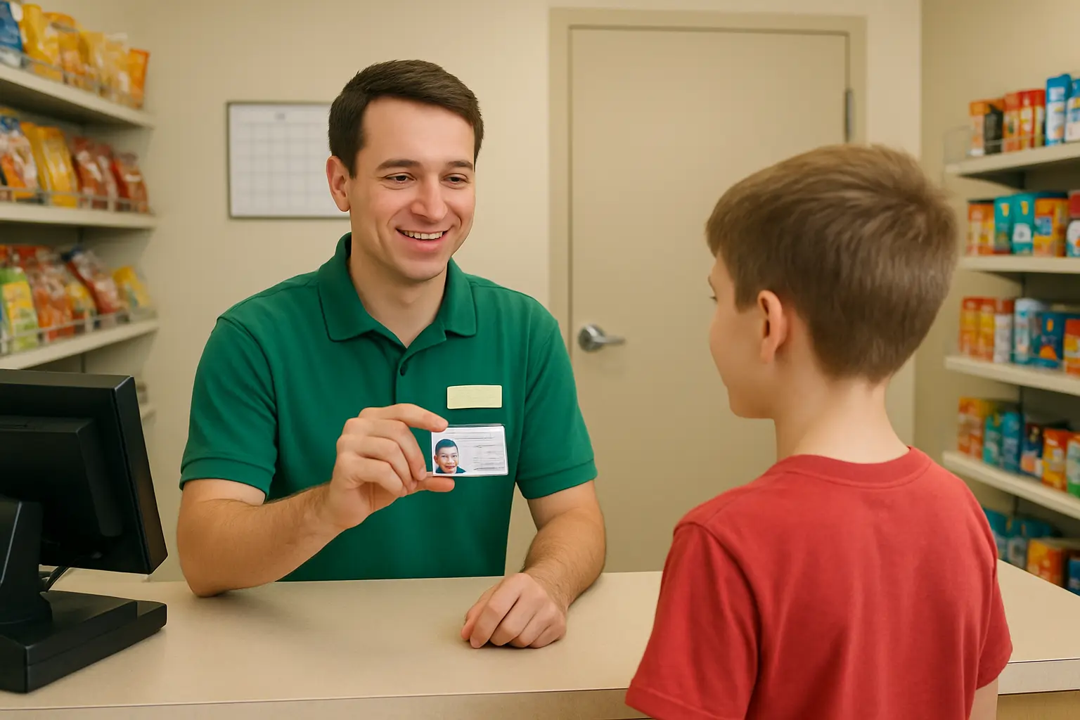 Store cashier checking a young customer's photo ID before any tobacco sale