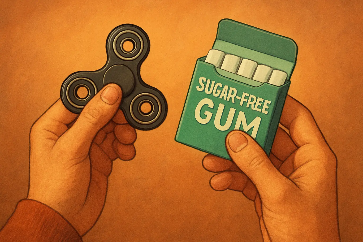 Hands holding a fidget object and sugar-free gum as a replacement for the rolling ritual