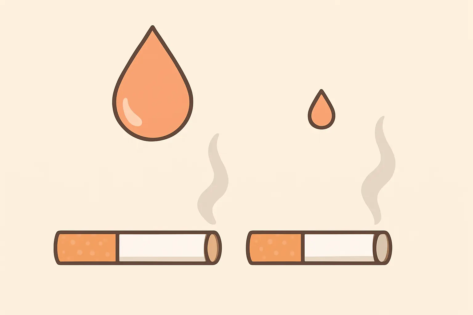 Illustration of two cigarettes with a large and a tiny droplet above them, showing much lower nicotine content while the smoke stays the same