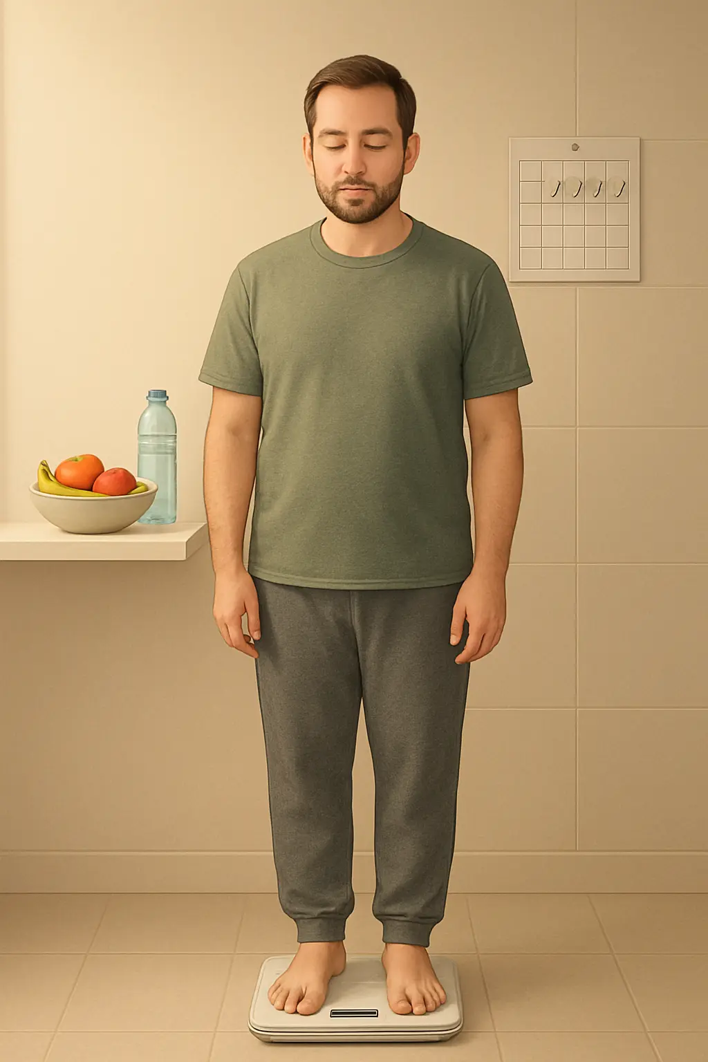 Person who quit smoking calmly checking their weight with healthy snacks nearby