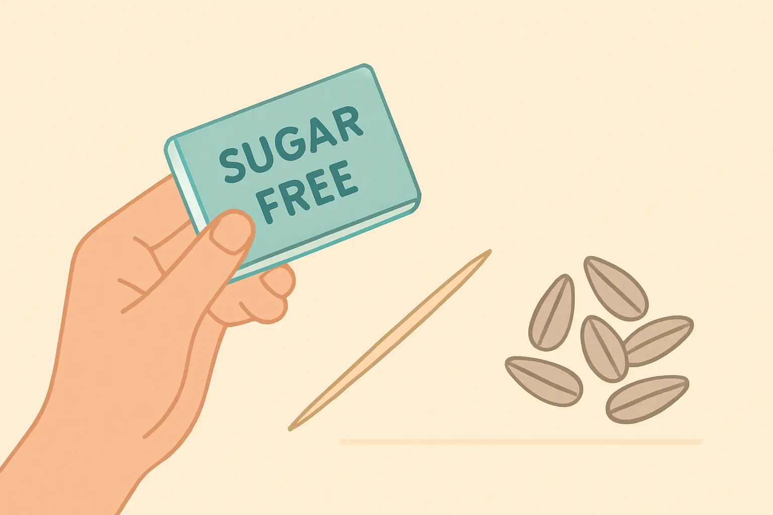 Illustration of gum, a toothpick and sunflower seeds as substitutes for the physical habit of a nicotine pouch