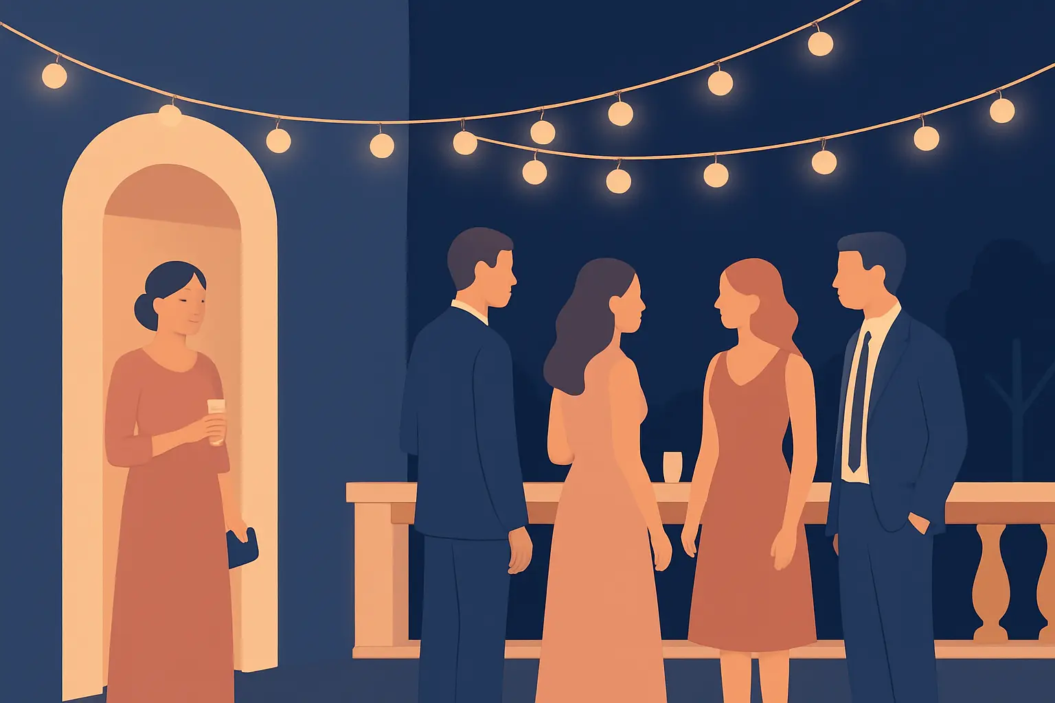 Wedding guests gathered outside a doorway at night while one person stays inside with sparkling water and gum