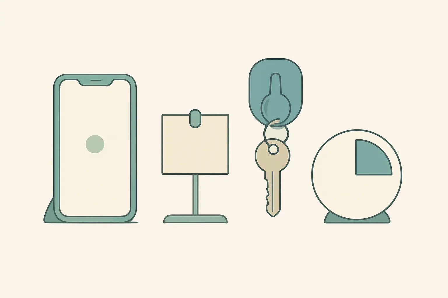 Phone with an alert dot, a clipped paper card, keys on a hook and a part-filled timer, representing external reminders that reduce reliance on memory
