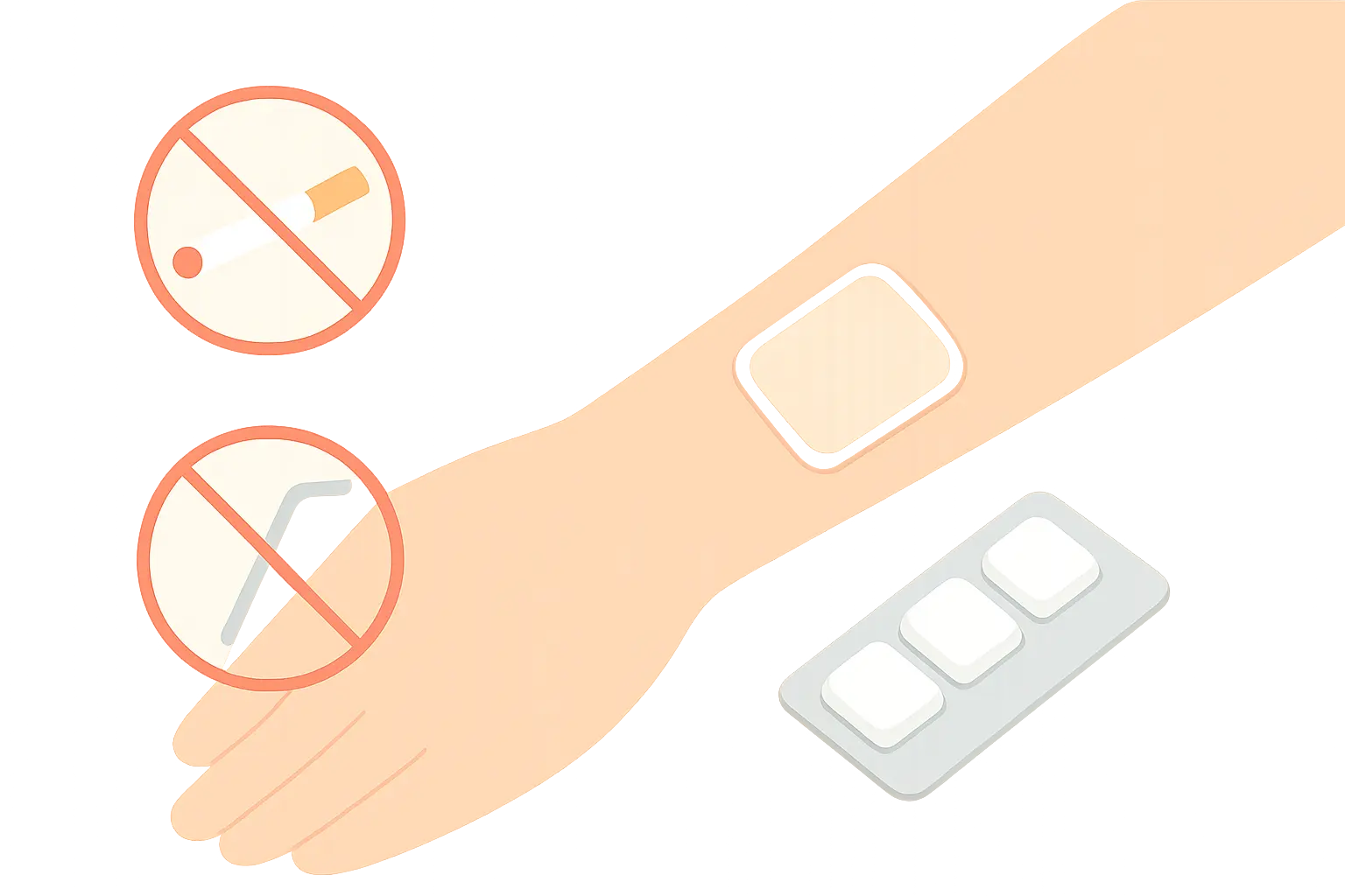 Illustration of a nicotine patch and gum next to a crossed-out cigarette and straw, representing nicotine replacement that avoids suction after a tooth extraction