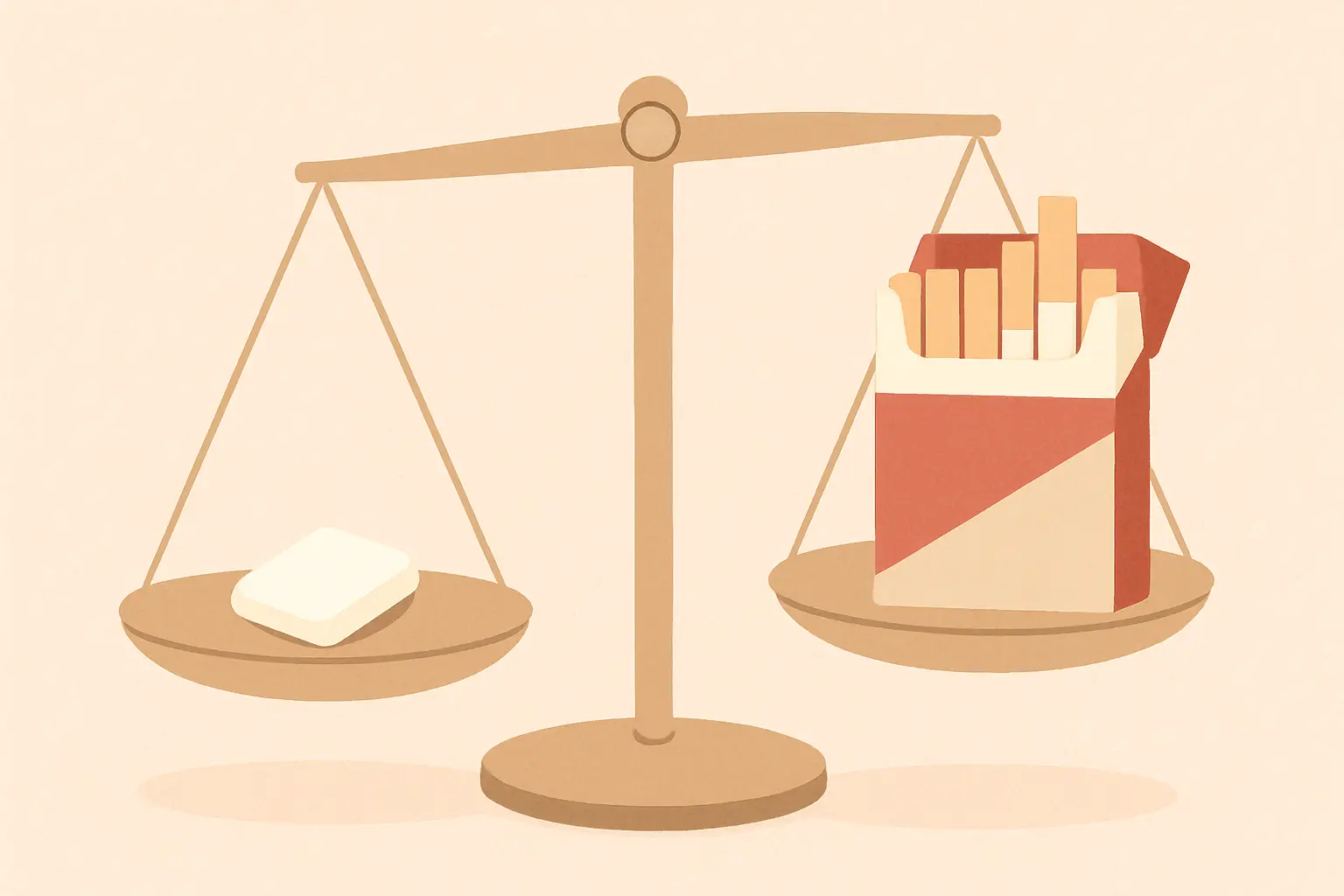 Balance scale weighing the small risks of long-term nicotine gum against the much larger risks of returning to smoking