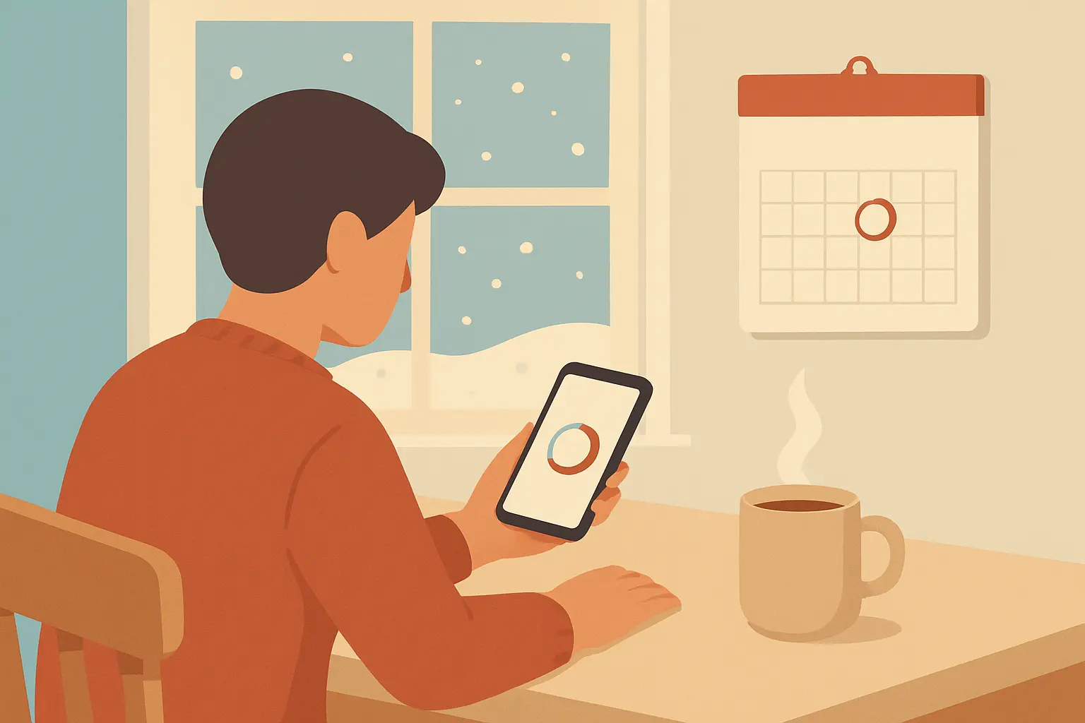Illustration of a person at a kitchen table planning a quit attempt with a phone tracker, a calendar and a warm drink