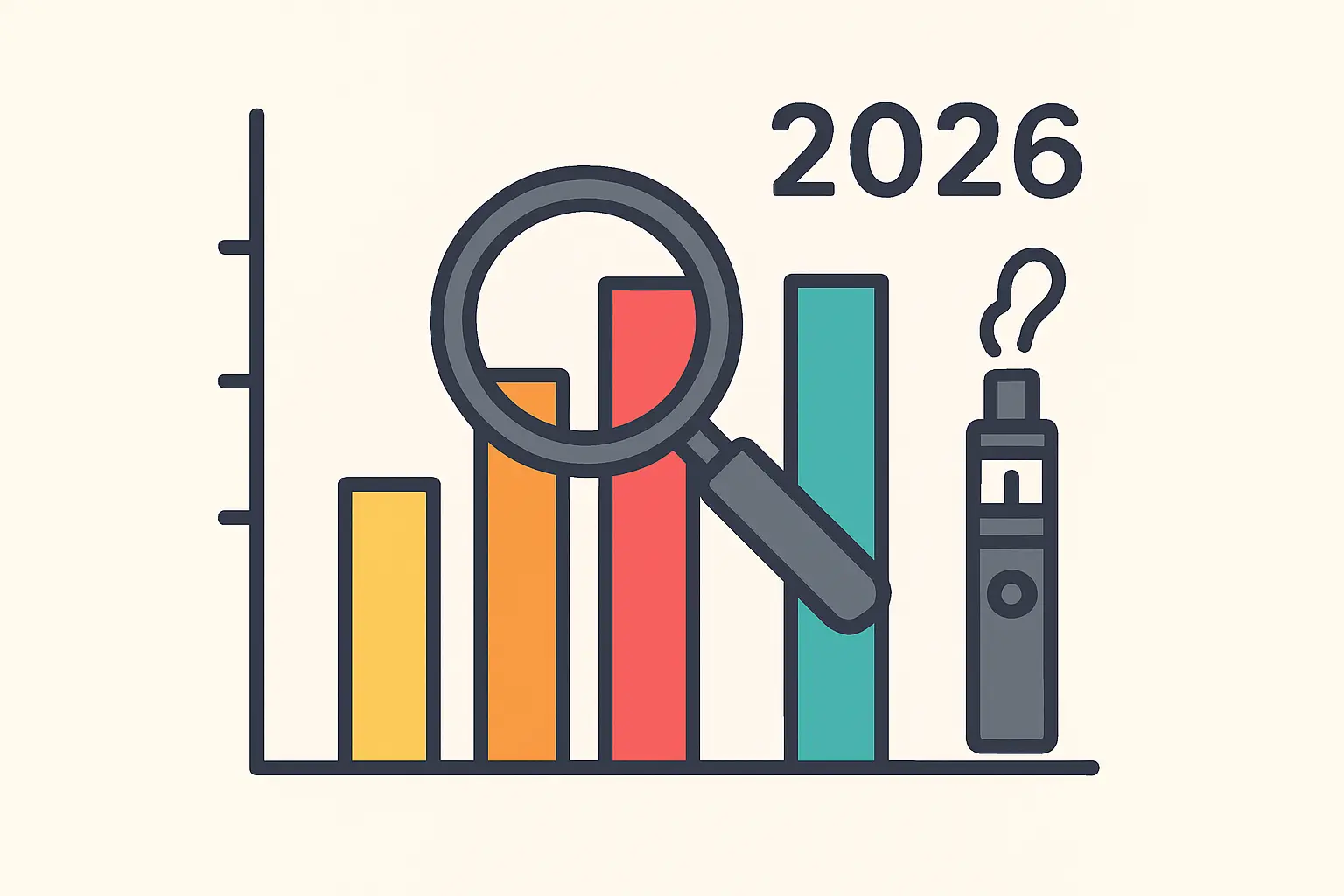 Flat vector illustration of a bar chart with a magnifying glass and vape pen icons representing 2026 vaping statistics