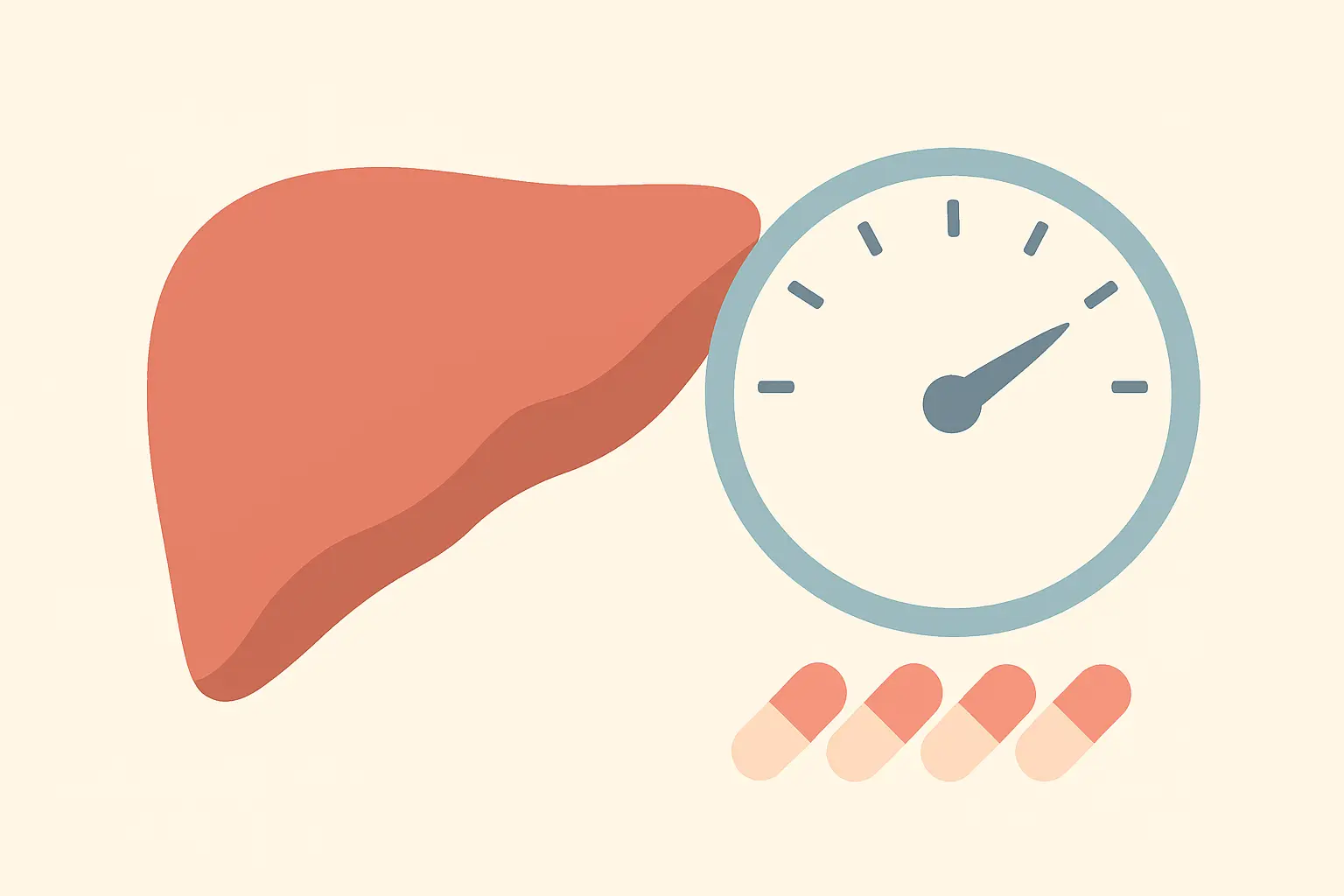 Illustration of a liver beside a dial dropping from high to normal with pill capsules, representing CYP1A2 enzyme activity falling after quitting smoking