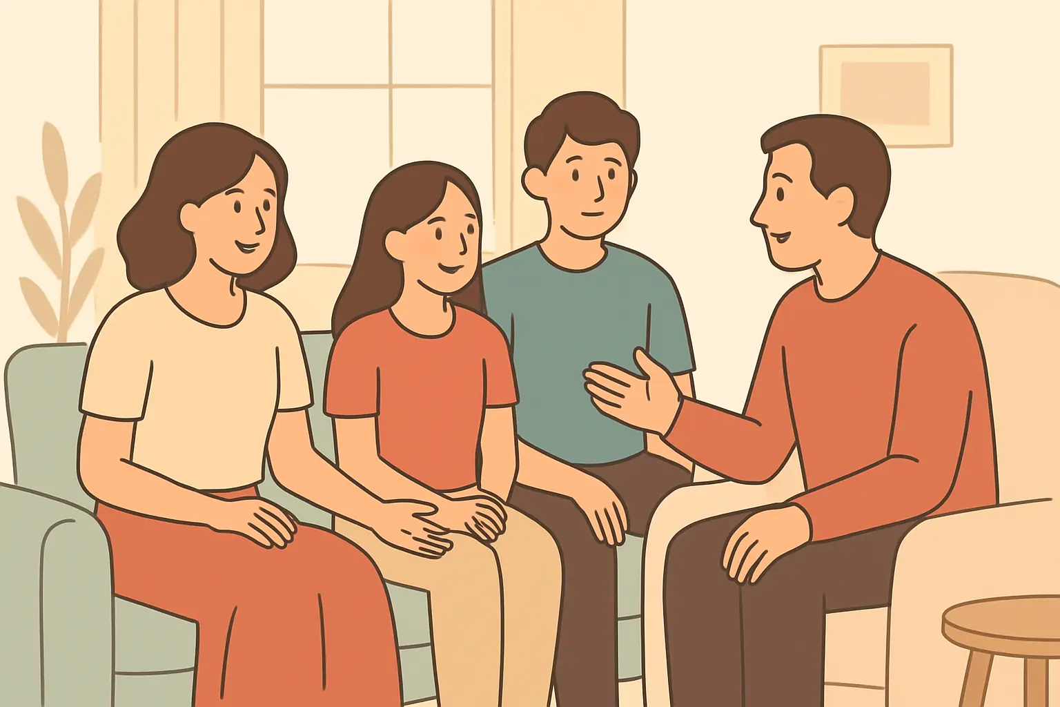 Illustration of a family having an open discussion at home about vaping