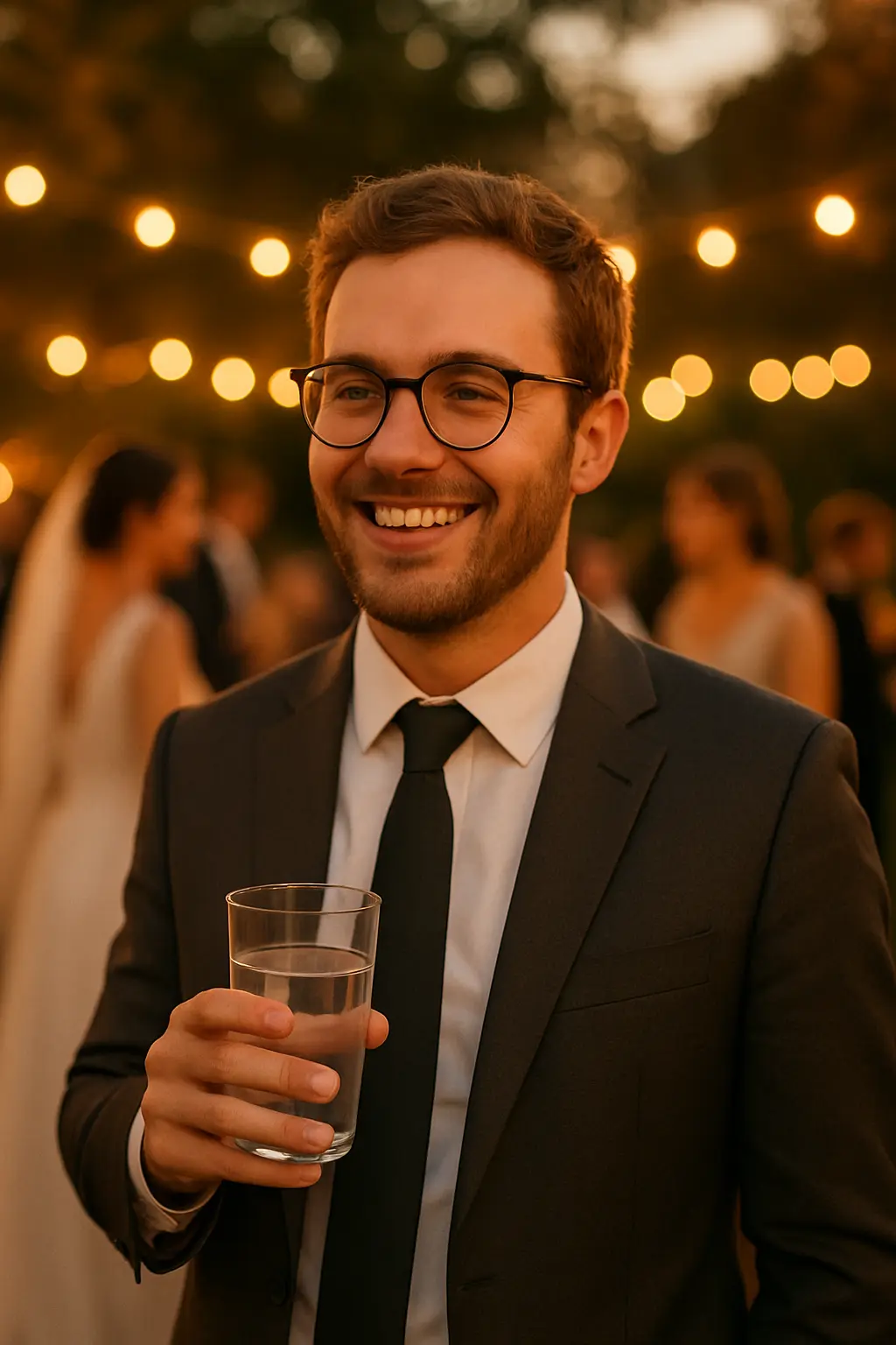 Illustration of a person choosing water over alcohol at a wedding celebration while on a quit-smoking medication