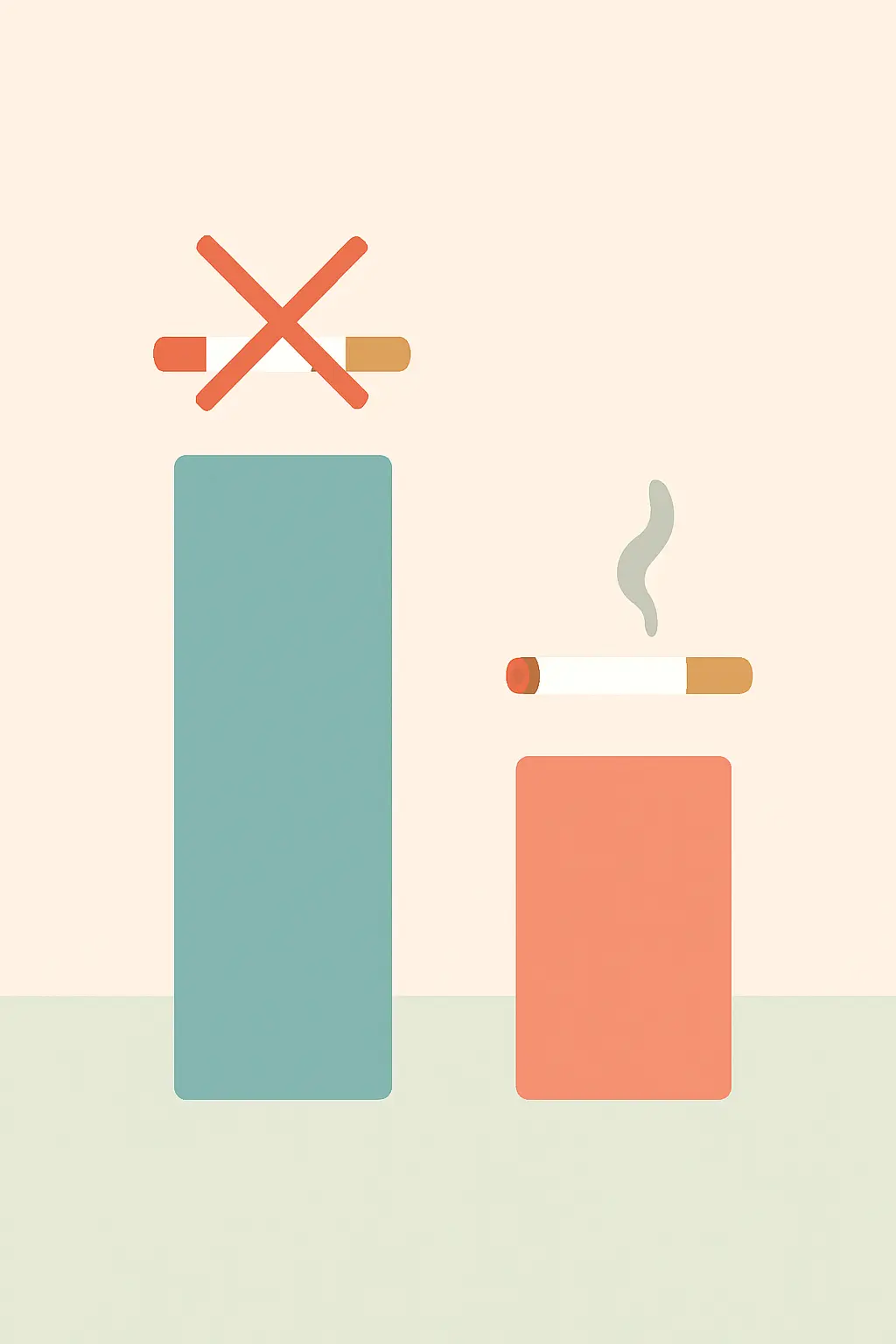 Flat vector bar chart comparing the share of people whose reflux symptoms improved after quitting smoking with those who kept smoking