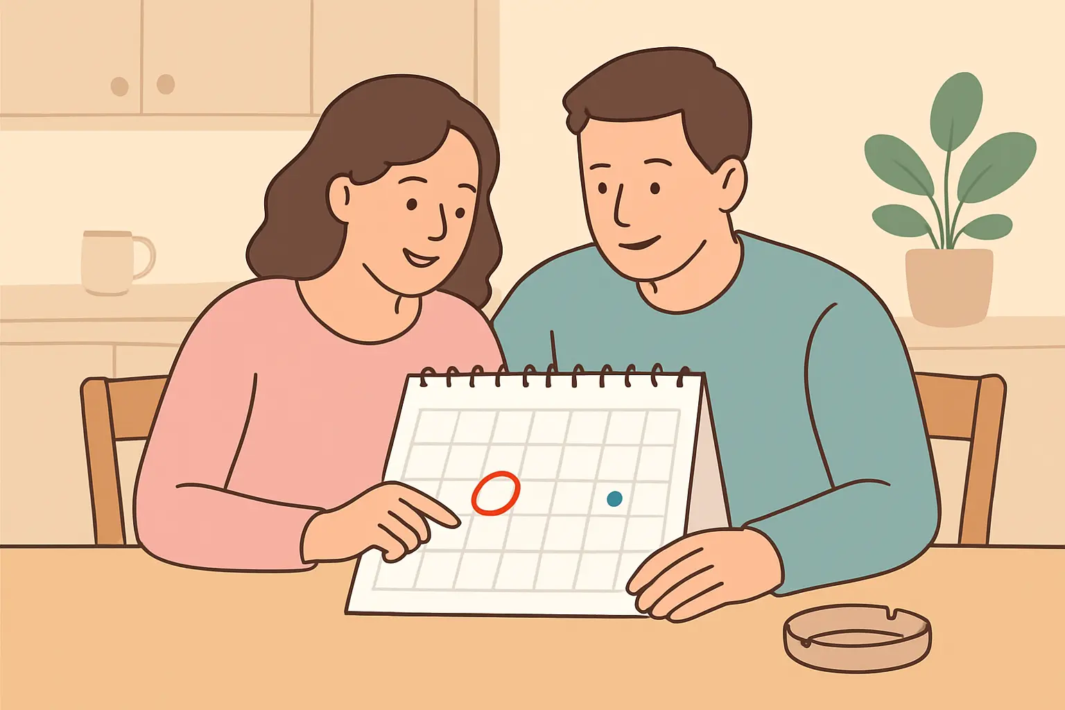 Illustration of a couple at a kitchen table marking a shared quit date and a clinic appointment on a calendar before fertility treatment