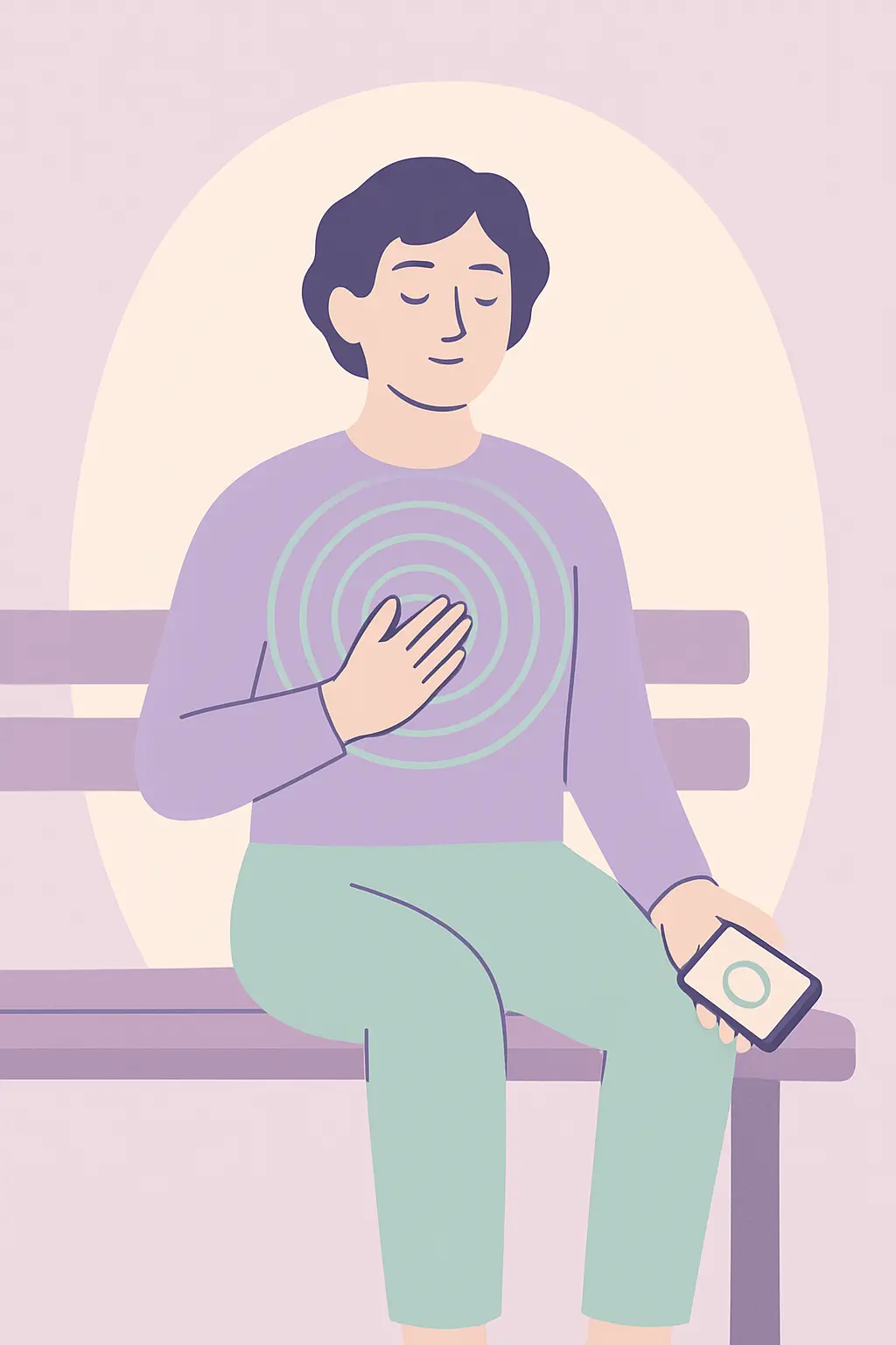 Illustration of a person on a bench breathing slowly while a phone in their hand shows a simple craving timer ring