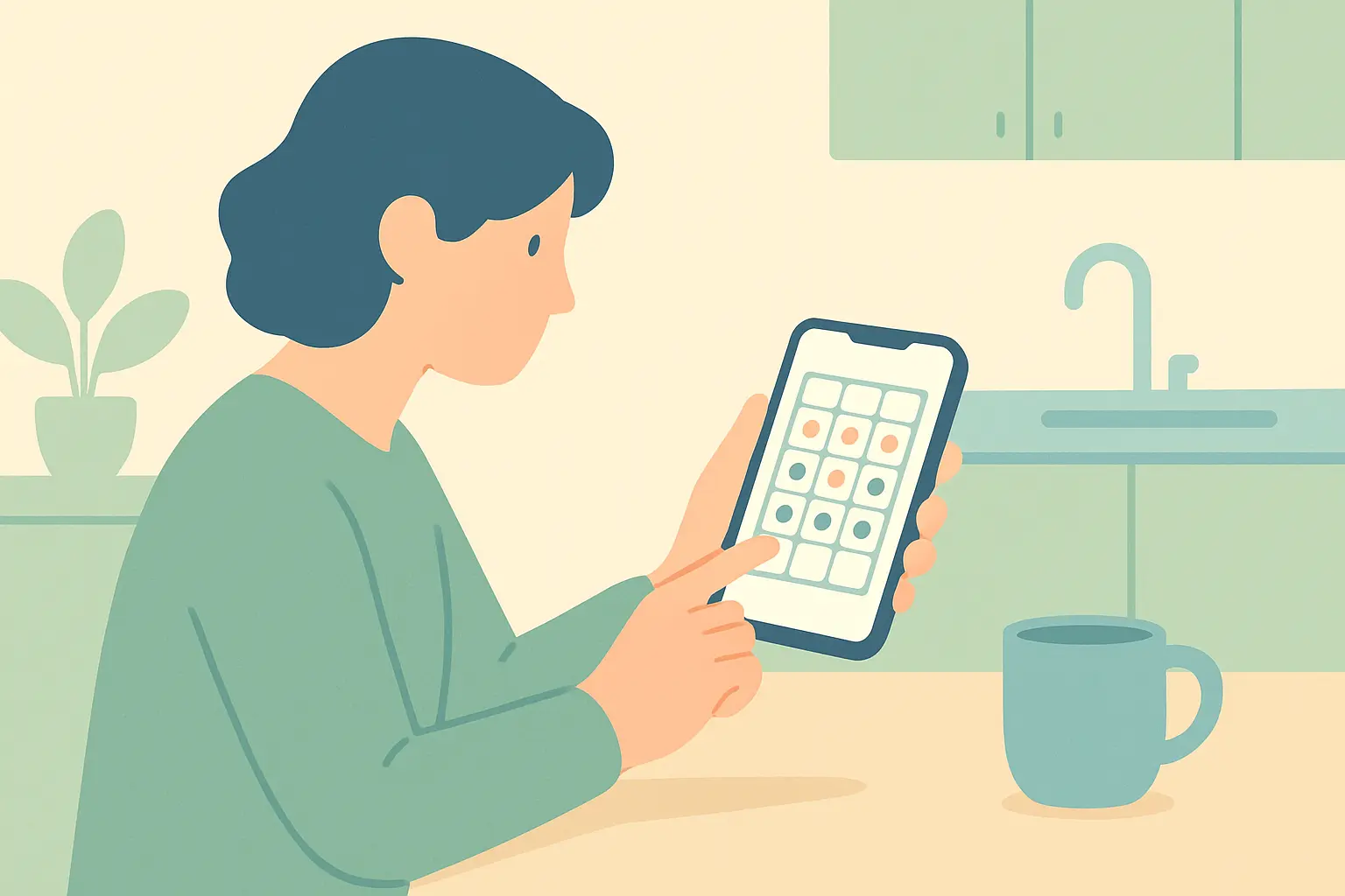Person logging a five-day smoking baseline on a phone, with colored dots showing the times of day cravings cluster