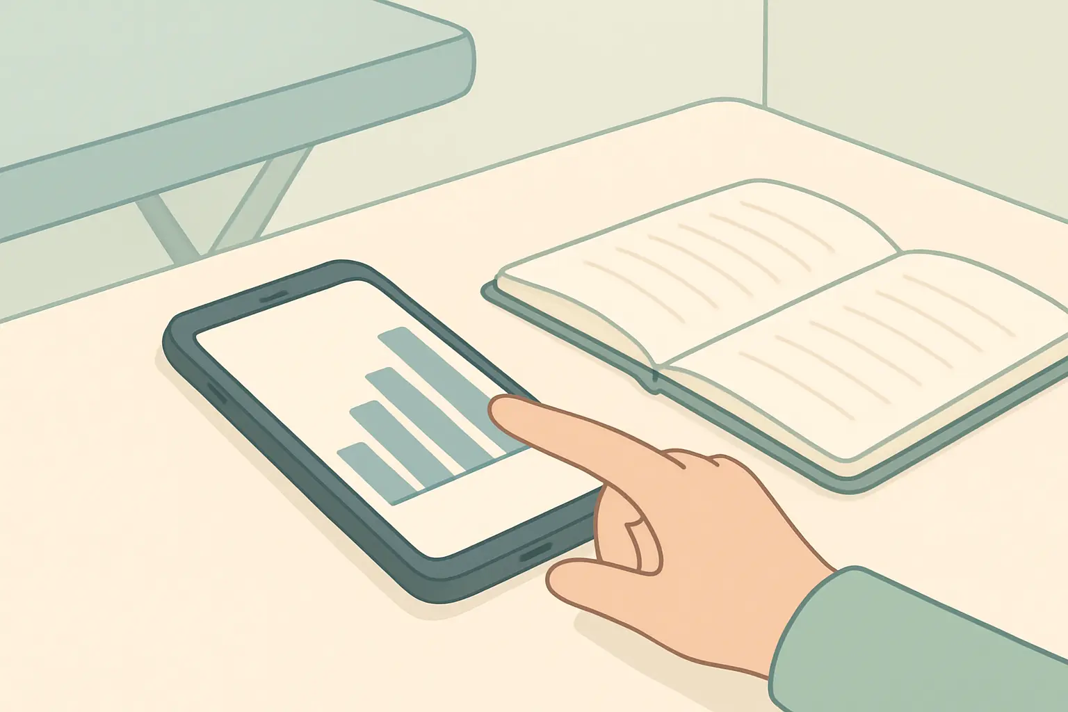 Illustration of a phone showing a craving pattern by hour on a clinic table while a hand points at the highest bar beside an adviser's notebook