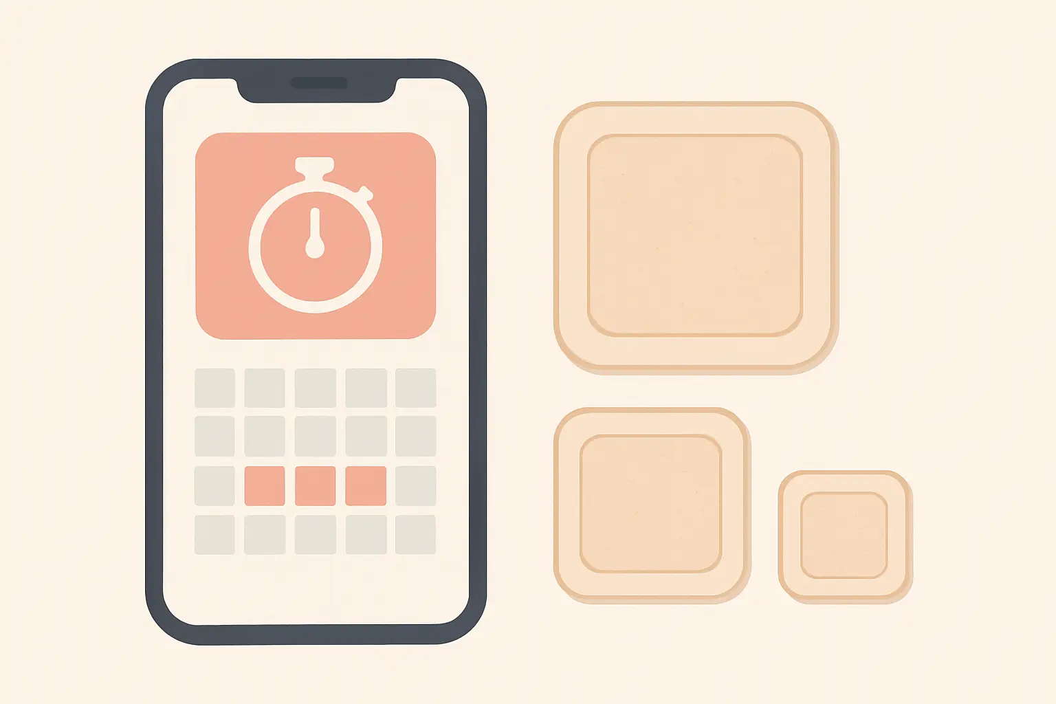 Illustration of a phone calendar beside three nicotine patches descending in size, representing a 12-week patch step-down schedule tracked in a quit-smoking app