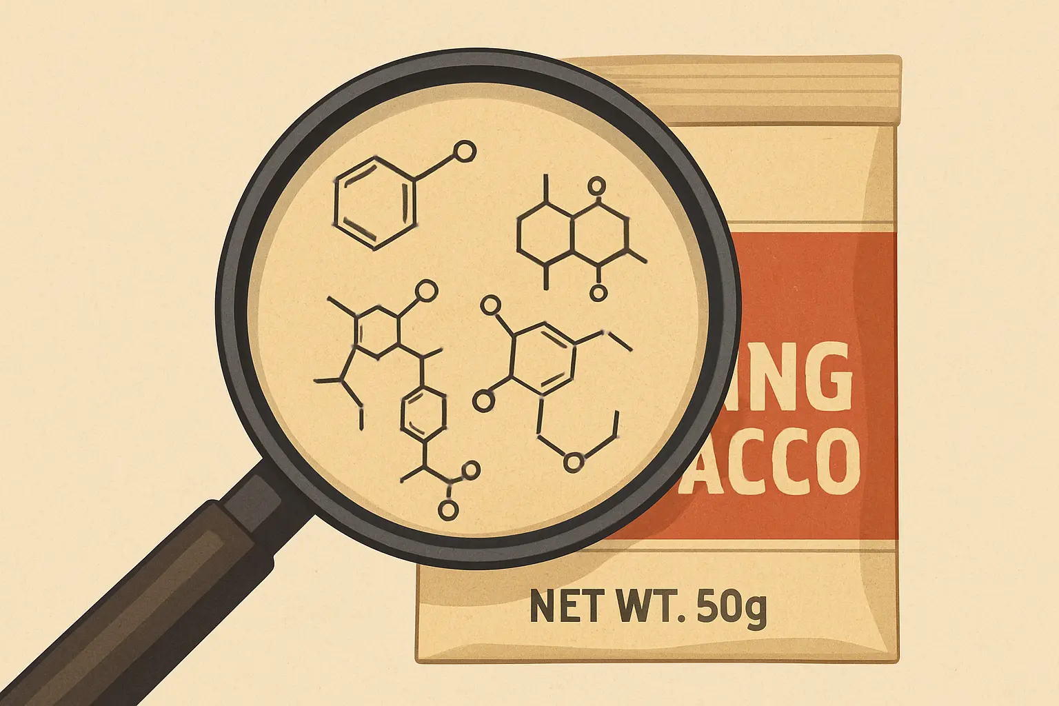 Magnifying glass over a tobacco pouch showing chemical icons, illustrating that rolling tobacco is not more natural