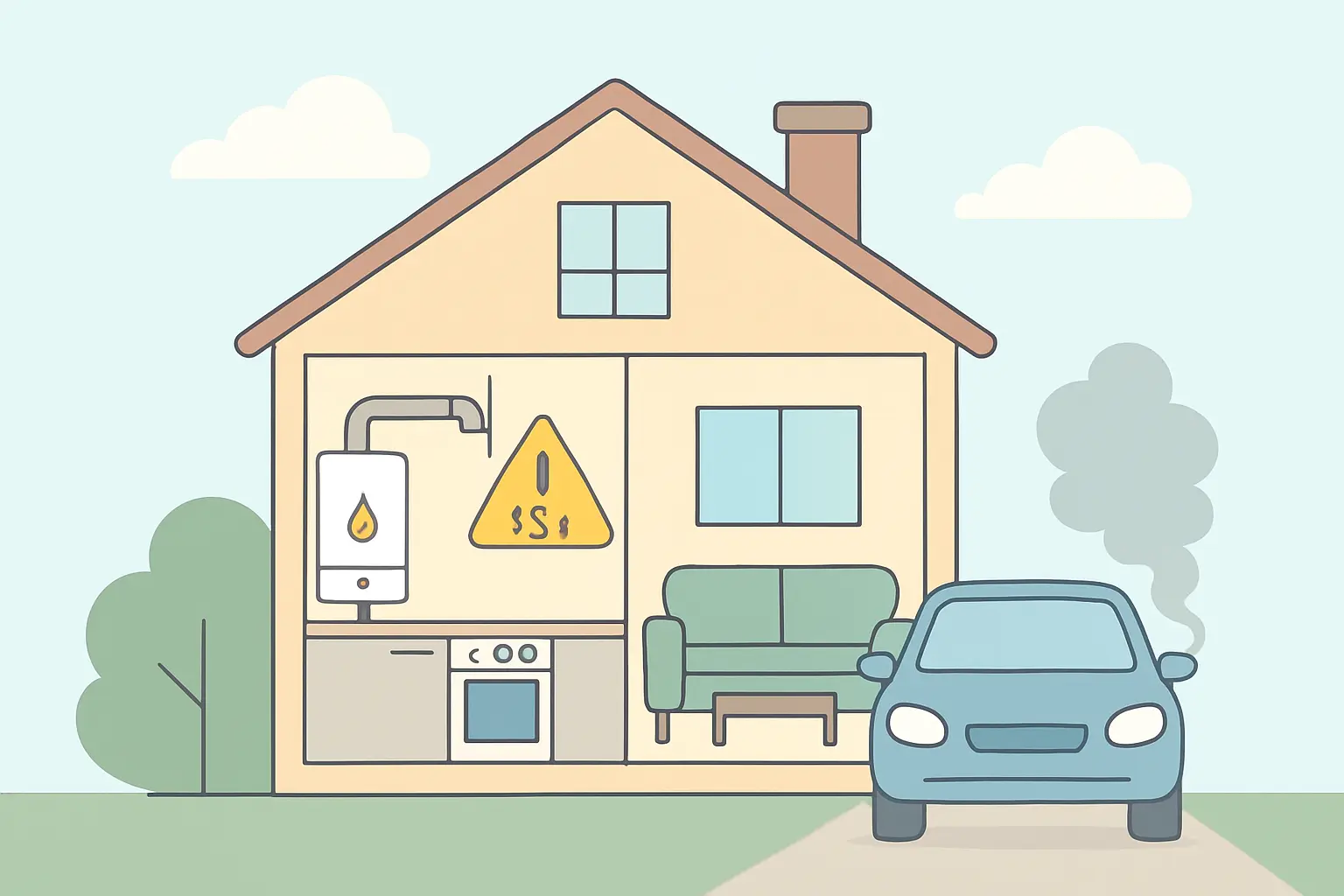 Illustration of common non-smoking sources of carbon monoxide such as a gas boiler and car exhaust