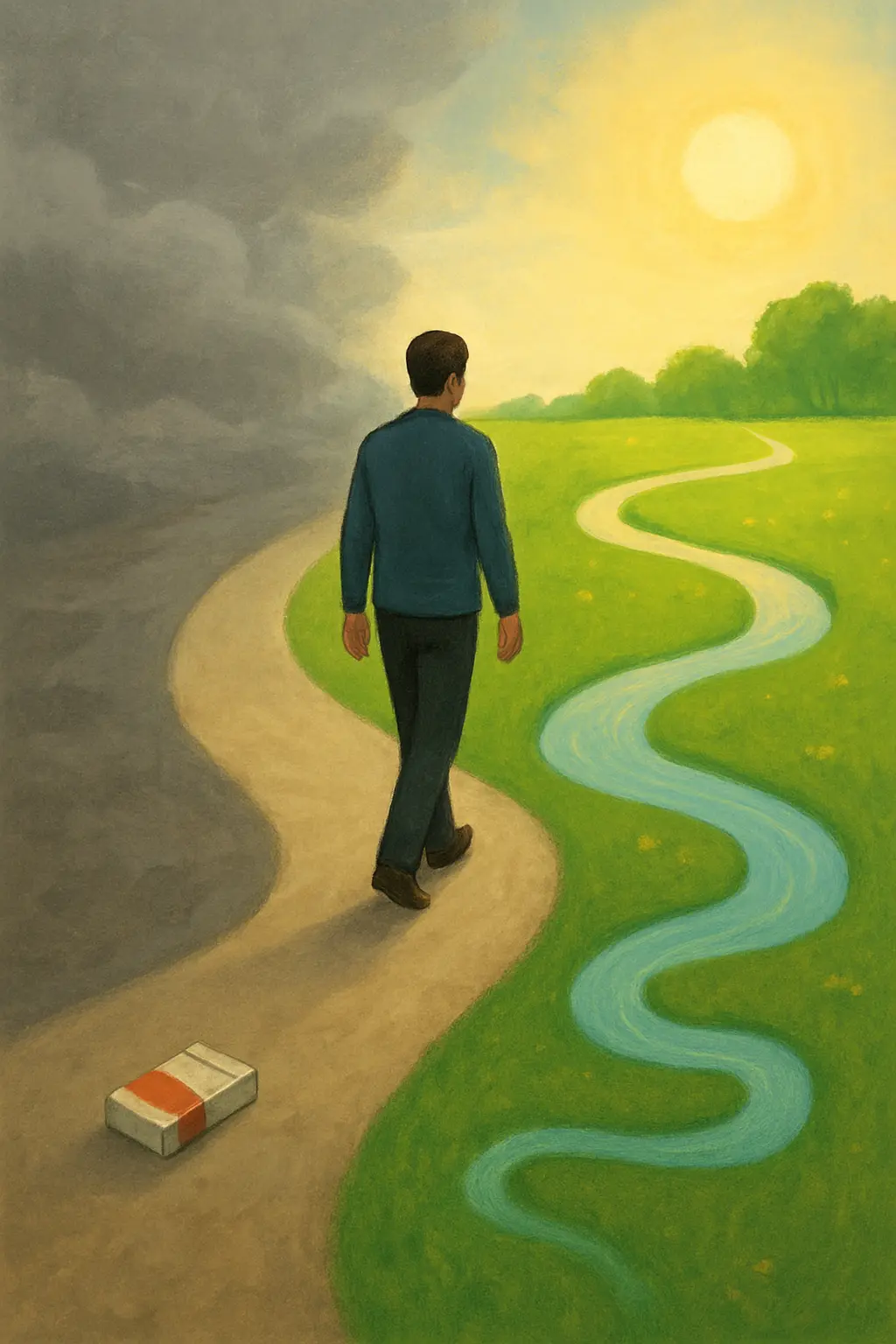 Illustration of a person walking from a grey path to a green meadow, symbolizing Crohn's disease risks falling after quitting smoking