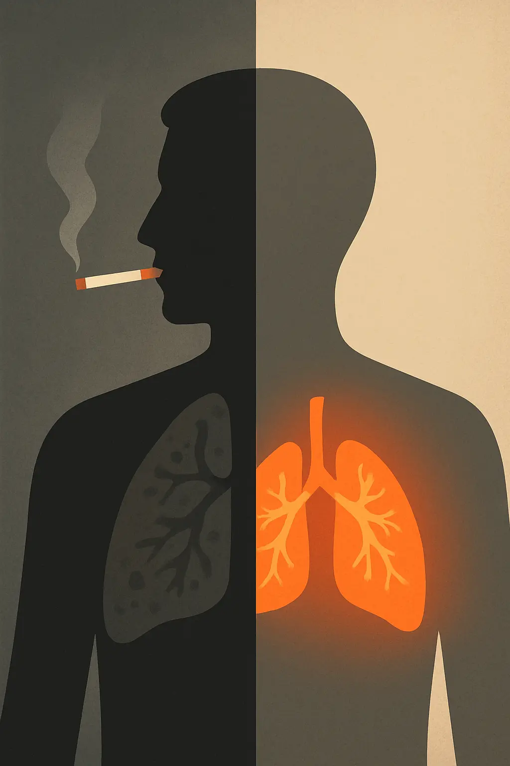Split illustration showing dimmed organ health while smoking versus glowing healthy organs after quitting smoking