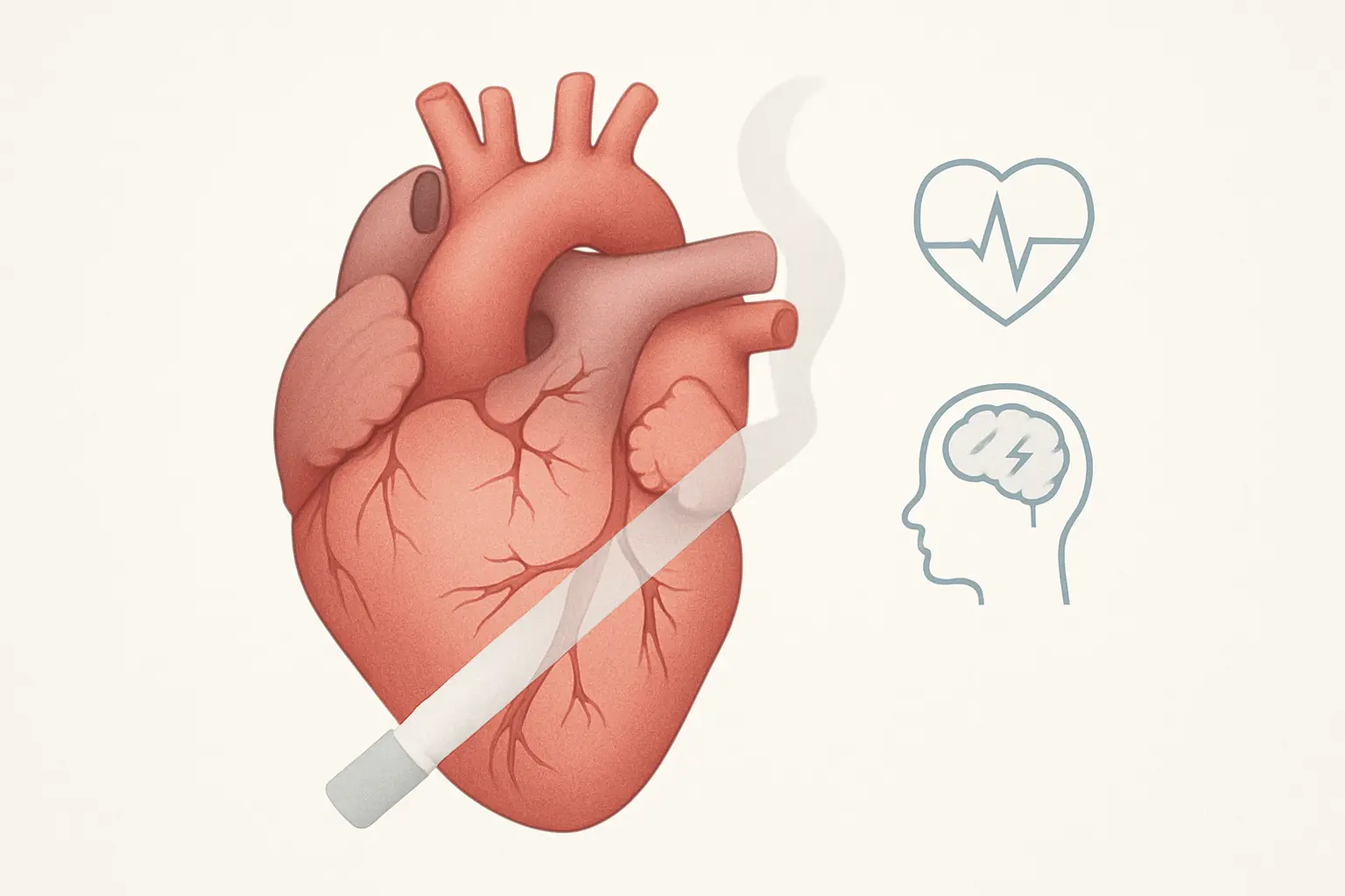 Illustration of a human heart with a faint cigarette silhouette representing cardiovascular risk from smoking one cigarette a day