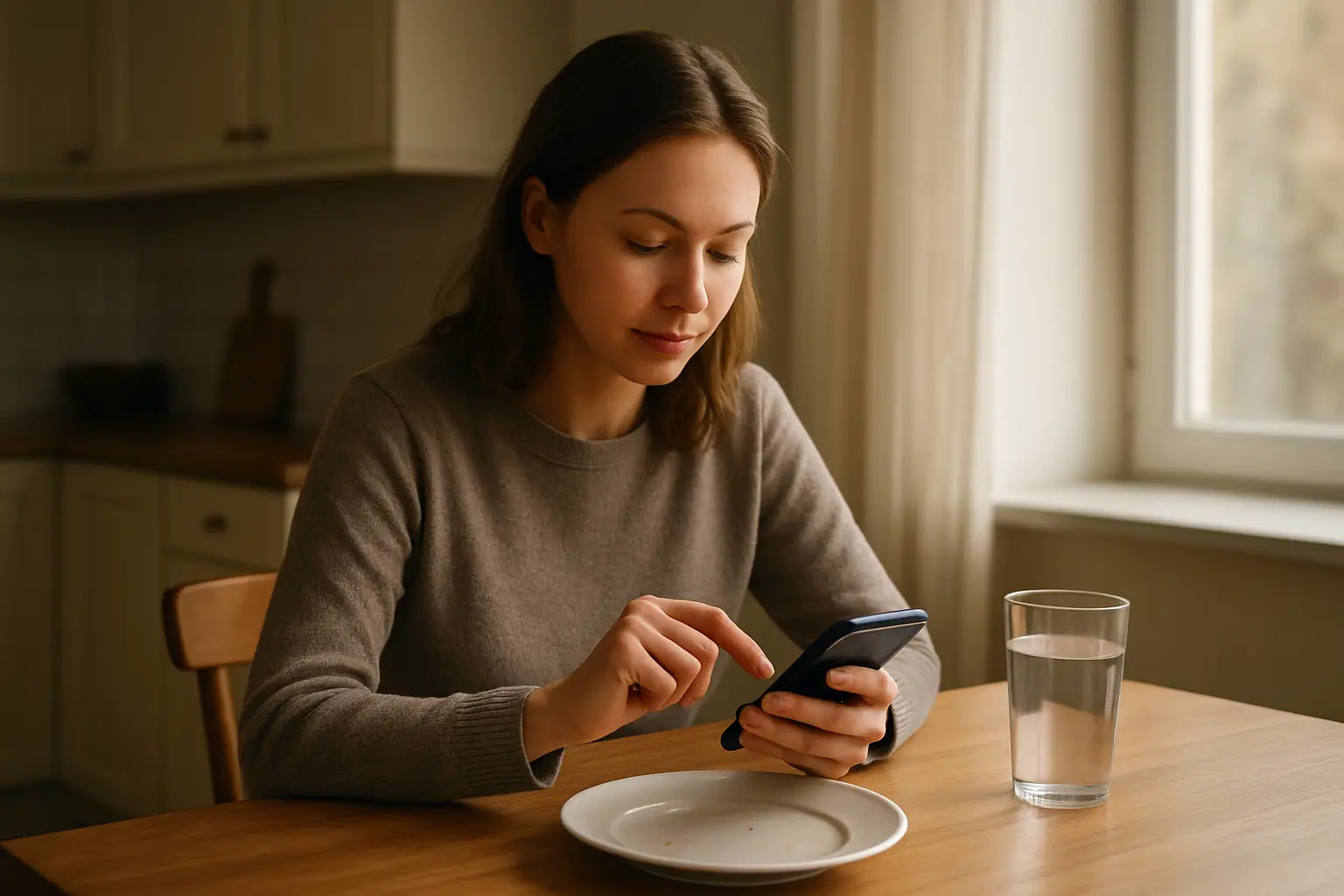 Illustration of a person at a kitchen table after breakfast logging a craving on a phone beside a glass of water, representing the first week of a varenicline quit plan