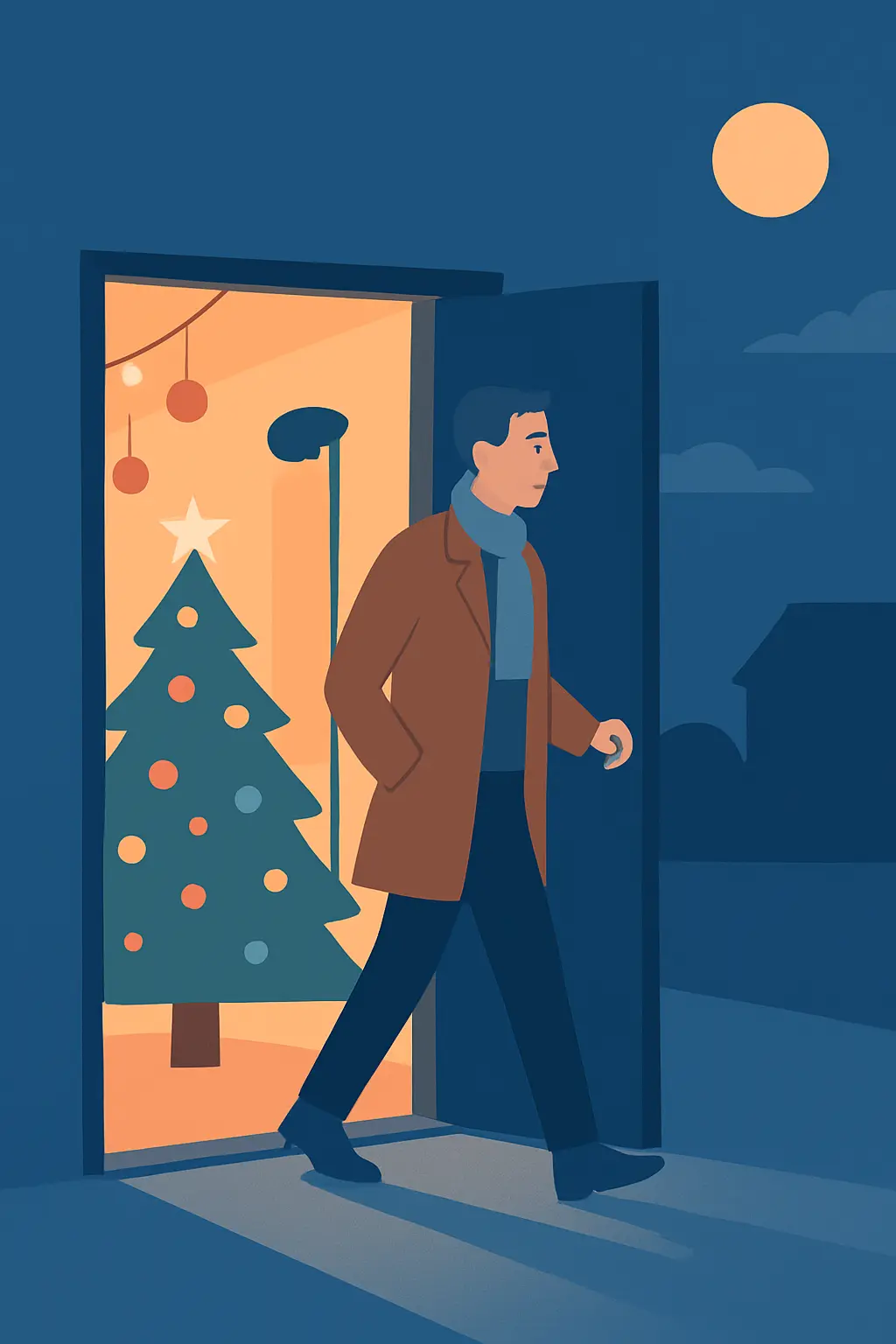 Person calmly leaving a holiday party early, representing a planned exit strategy to avoid smoking triggers
