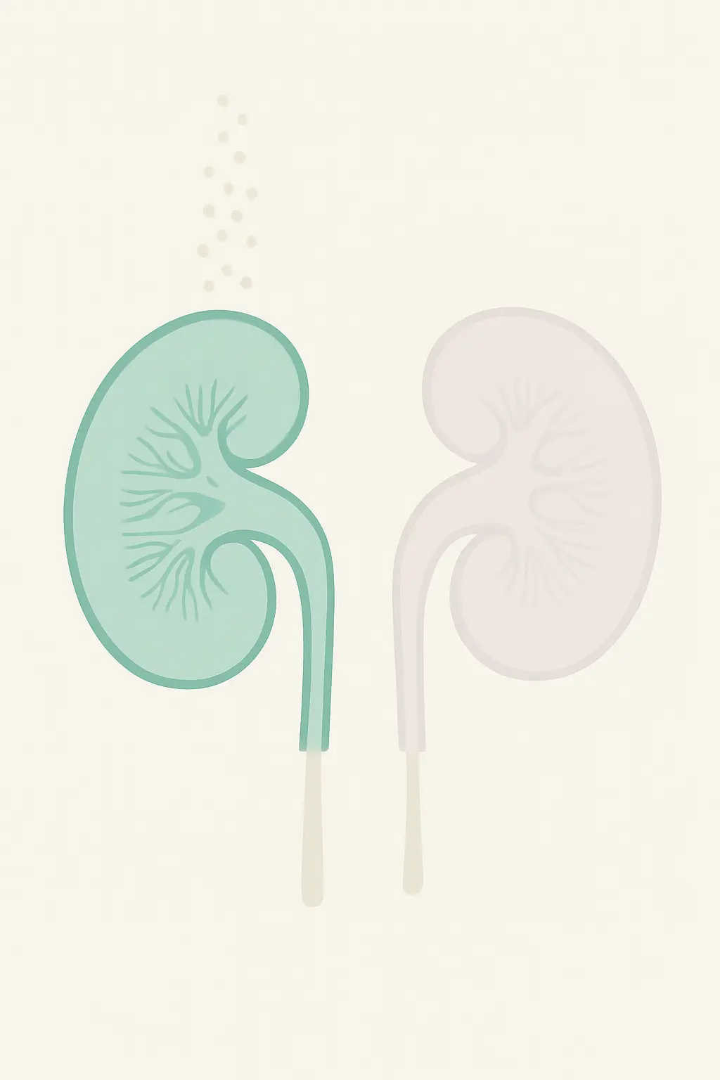 Stylized diagram of kidneys filtering urate from the blood, with one shown faded to represent reduced kidney function