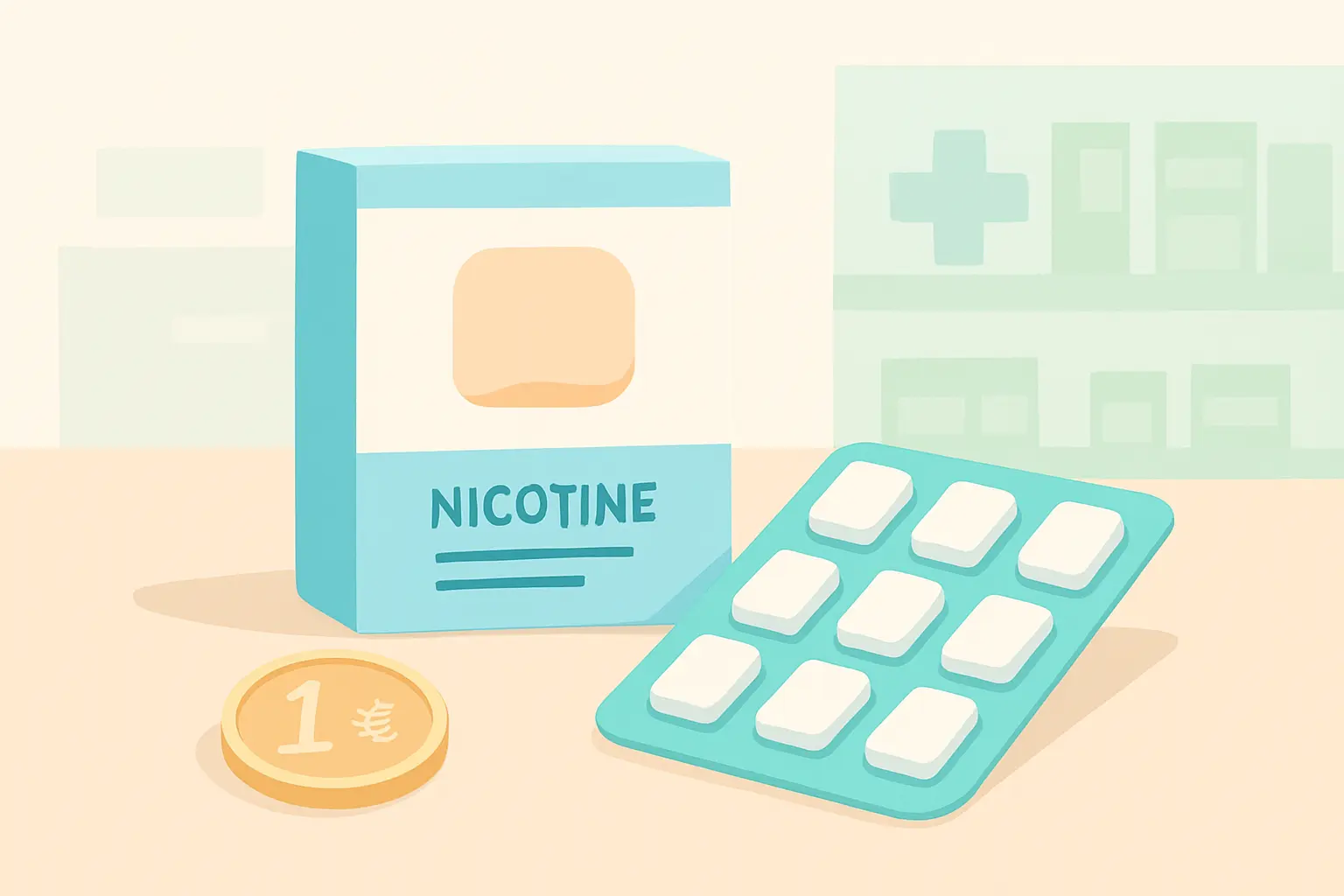 Illustration of nicotine patches and gum on a pharmacy counter with a euro coin, representing free NRT available through the HSE in Ireland