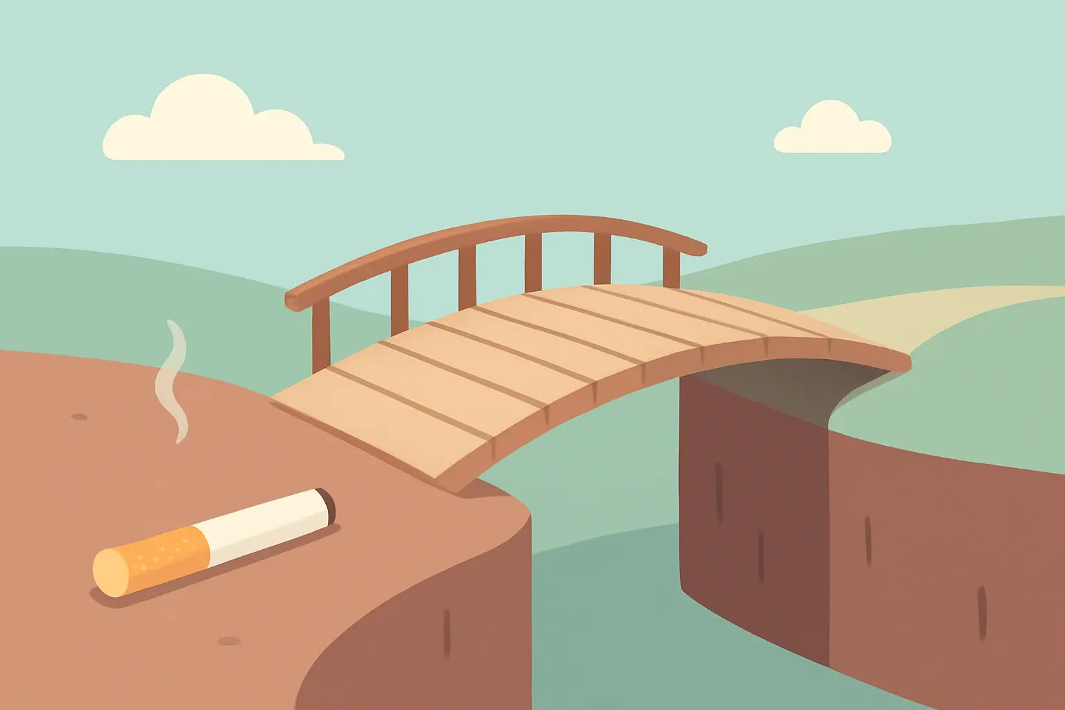 Illustration of a bridge leading from a cigarette on one bank to a clear open path on the other, representing harm reduction as a route rather than a destination