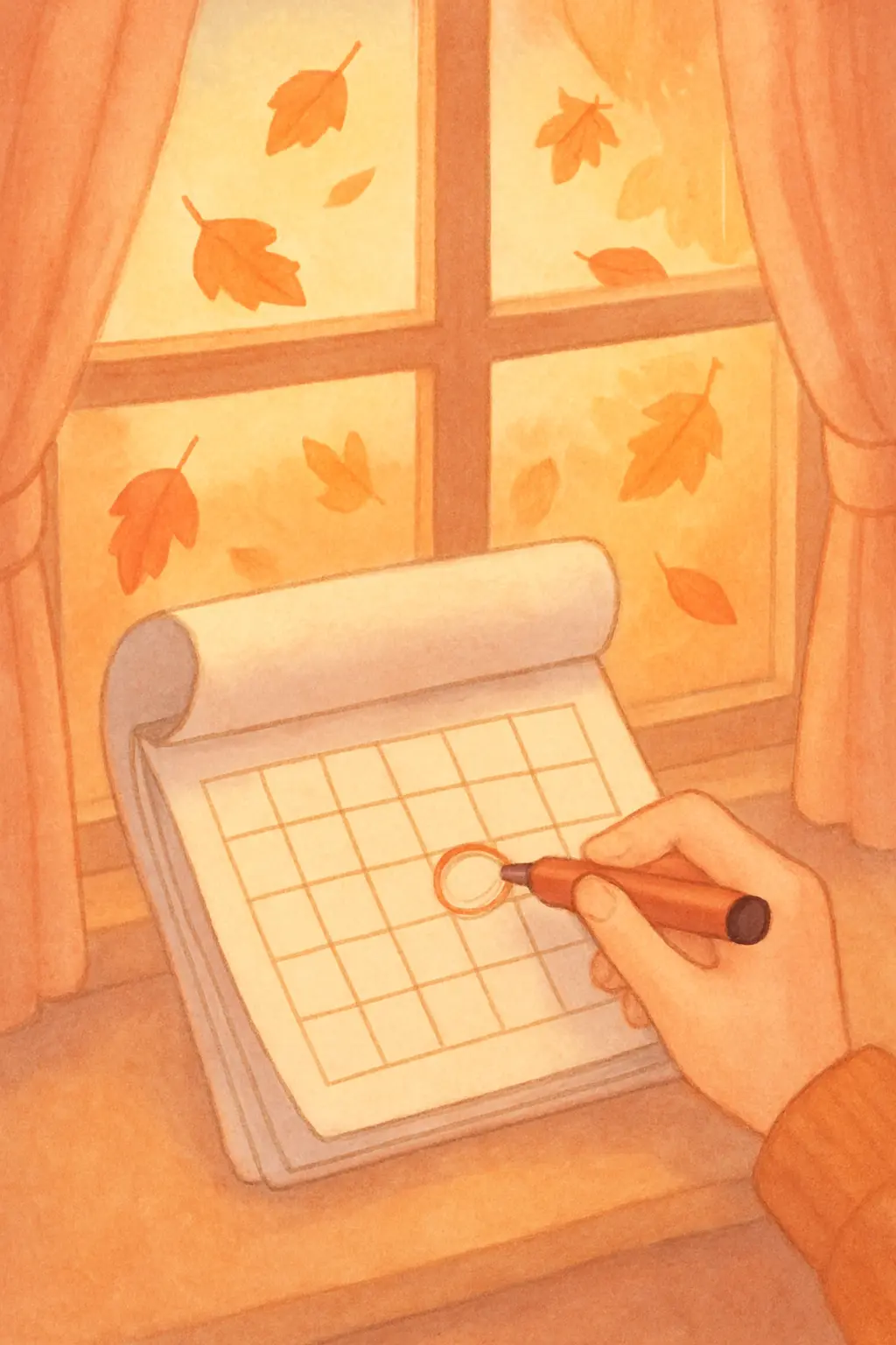 Person circling a quit date on an October calendar page with autumn leaves outside the window