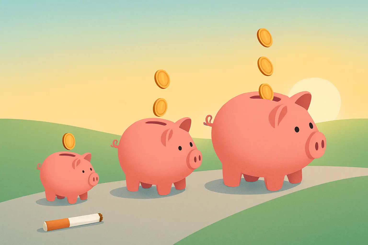 Illustration of three piggy banks growing in size over a timeline, showing money saved over ten years after quitting both smoking and vaping