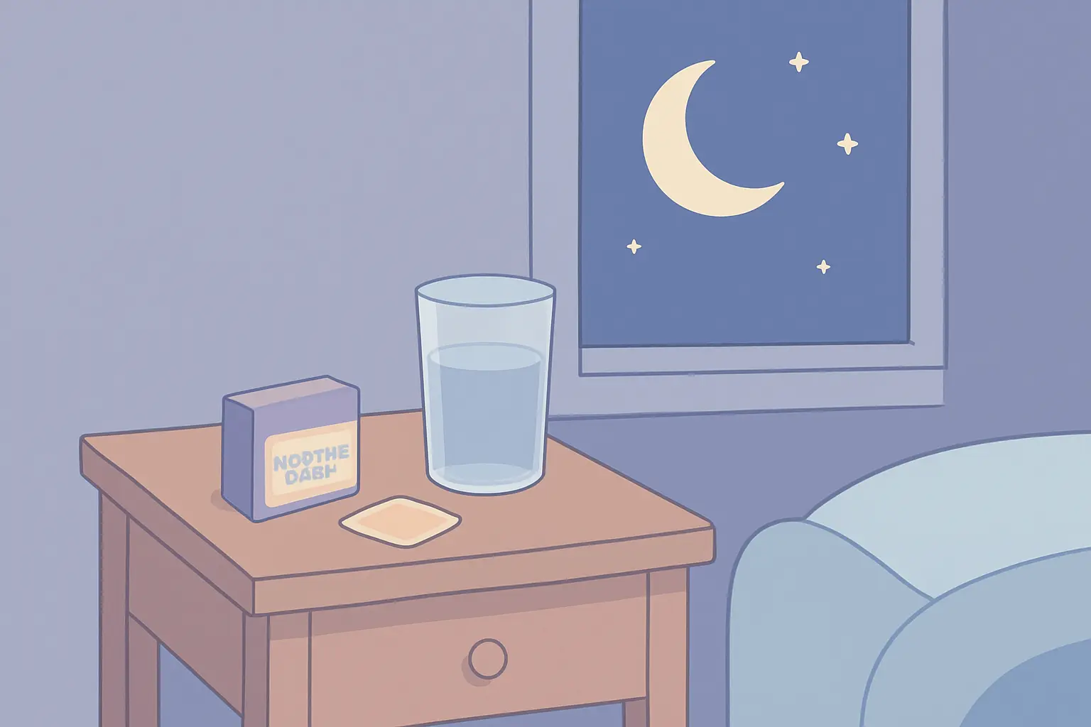 Illustration of a calm nighttime bedside scene with a nicotine patch box on a nightstand, representing an evening patch routine