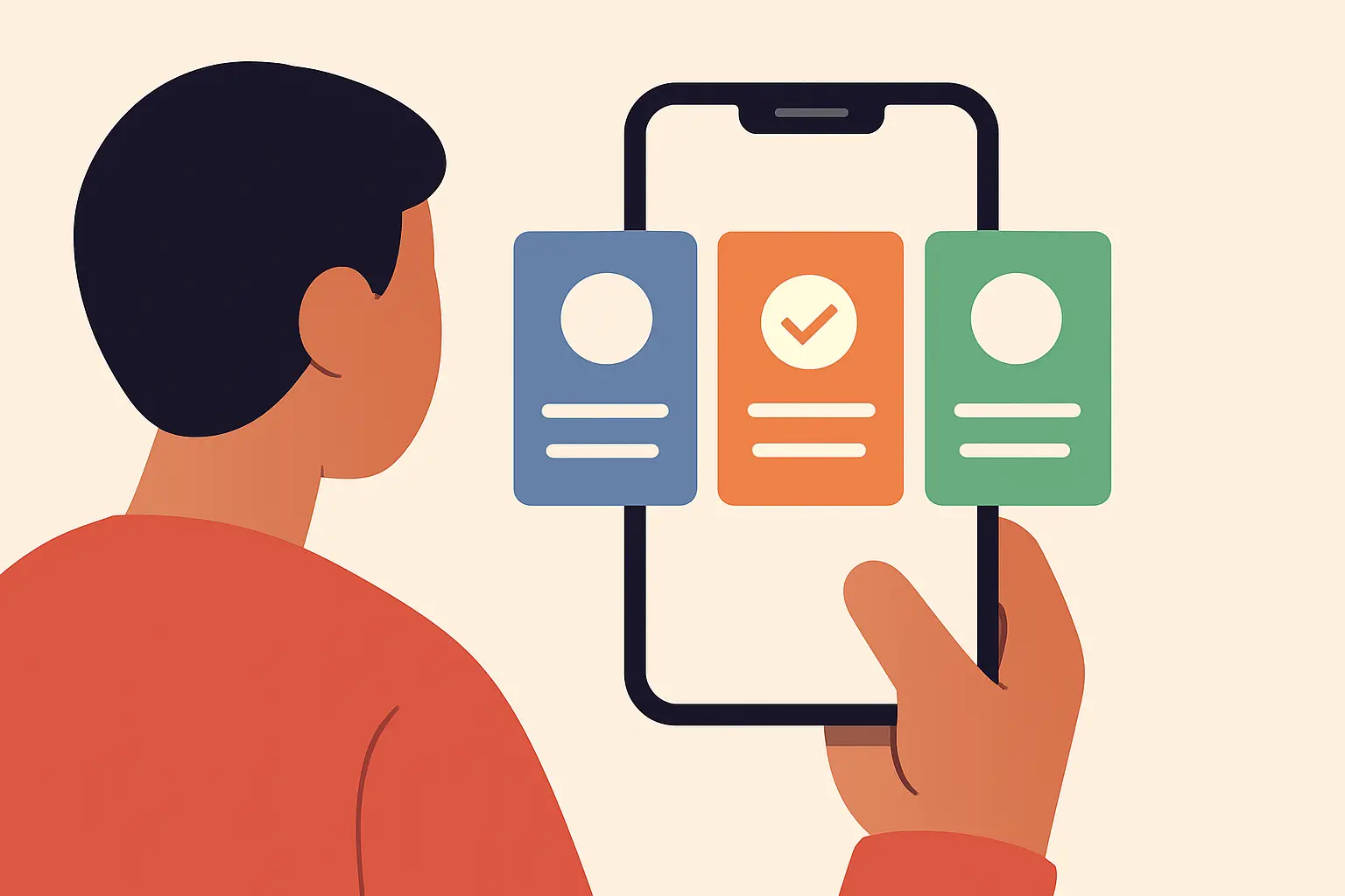 Illustration of a person comparing monthly, yearly, and lifetime subscription plan cards on a phone