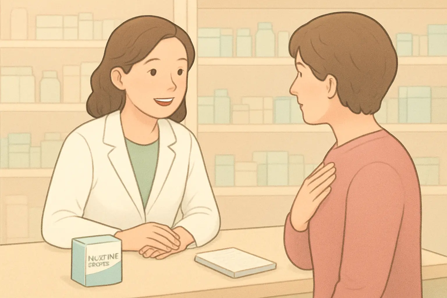 Adult asking a pharmacist about palpitations and other nicotine patch side effects at a pharmacy counter