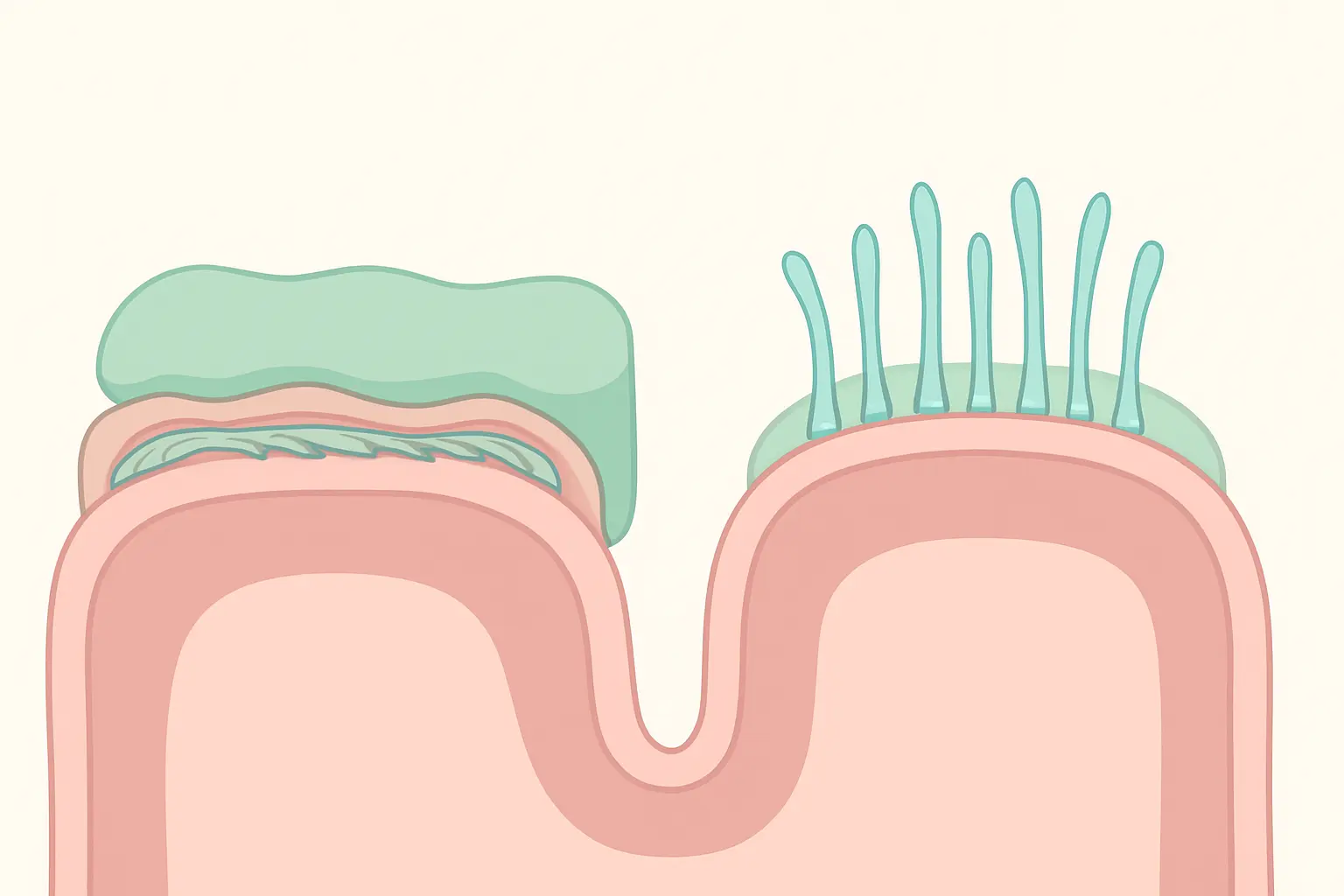 Illustration comparing flattened airway cilia buried under mucus with upright cilia sweeping mucus away after quitting smoking