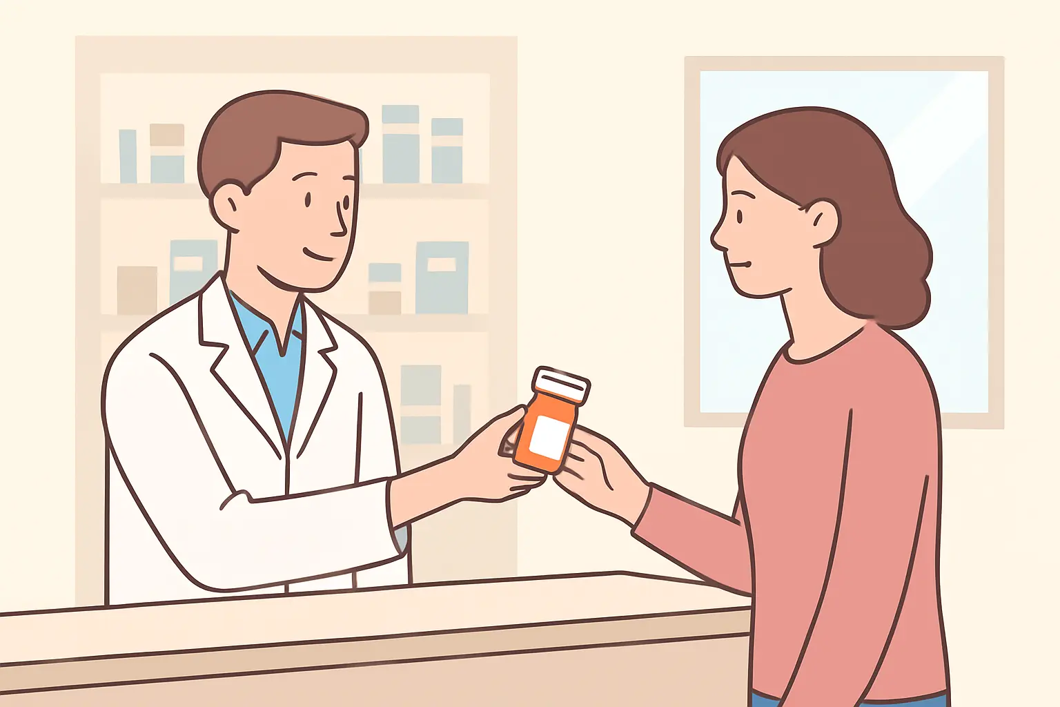 Illustration of a pharmacist explaining a prescription medicine at the pharmacy counter