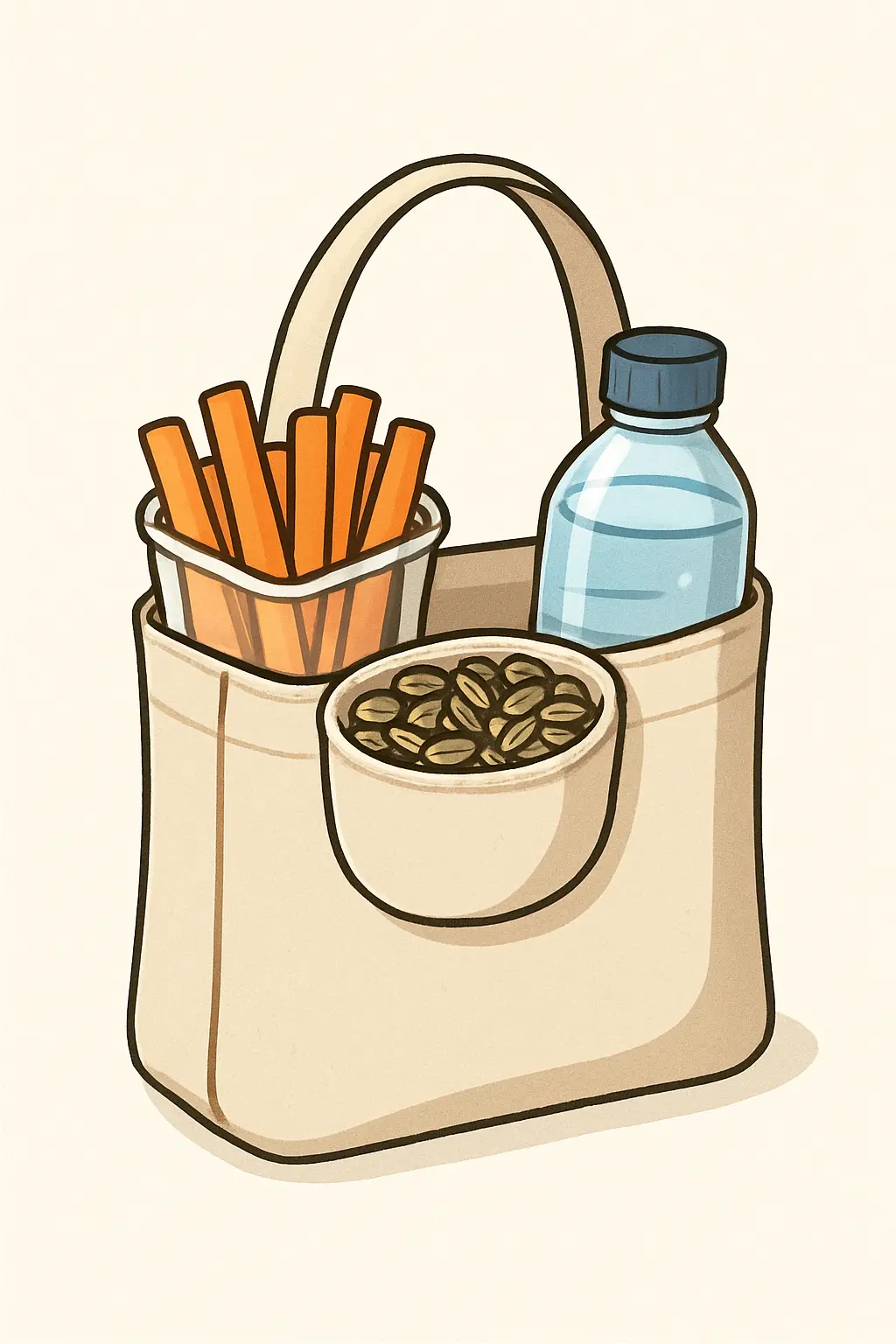 Tote bag packed with carrot sticks, sunflower seeds, and water as grab-and-go craving snacks