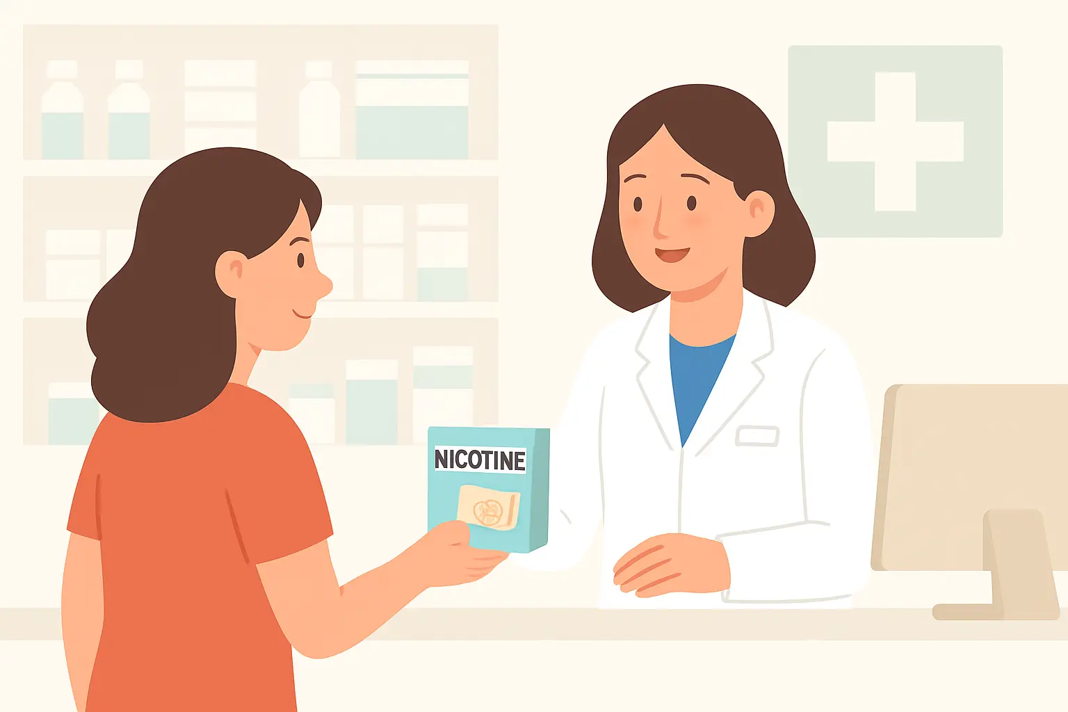 Illustration of a pharmacist handing over nicotine replacement therapy at an Australian pharmacy