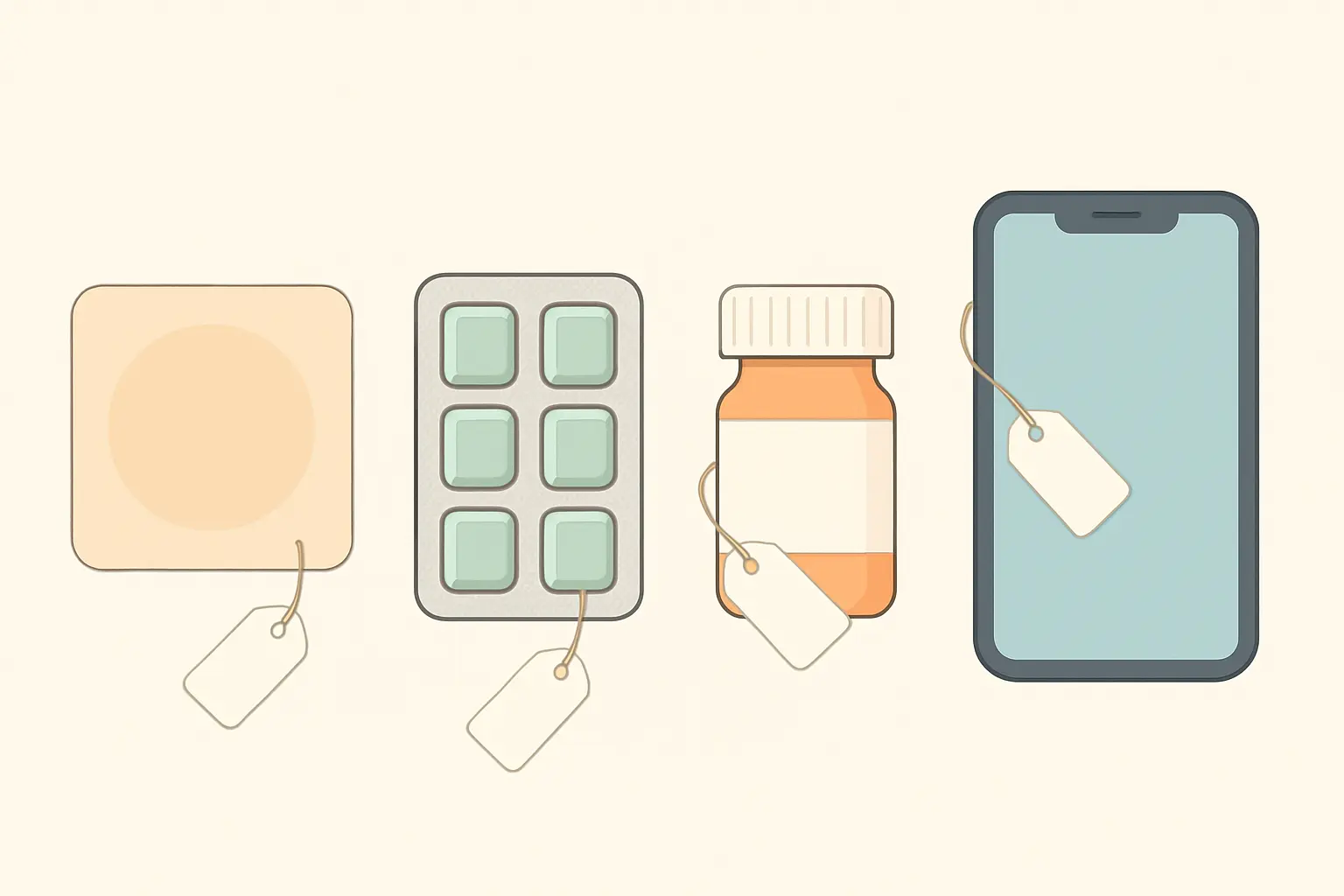 Illustration of a nicotine patch, gum, pill bottle and smartphone app each with a price tag, comparing the cost of quit-smoking methods
