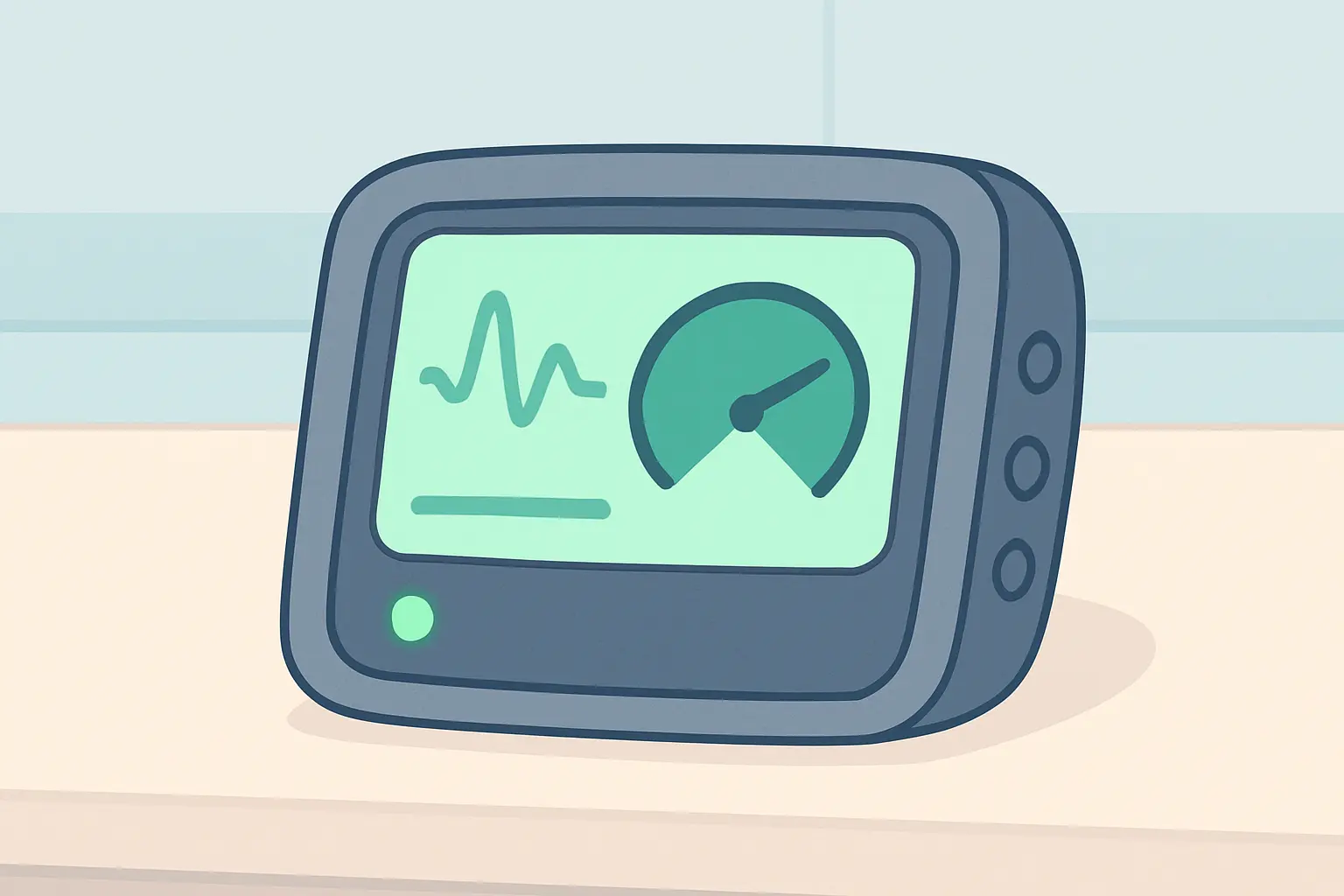 Close-up illustration of a carbon monoxide monitor screen with a glowing indicator light