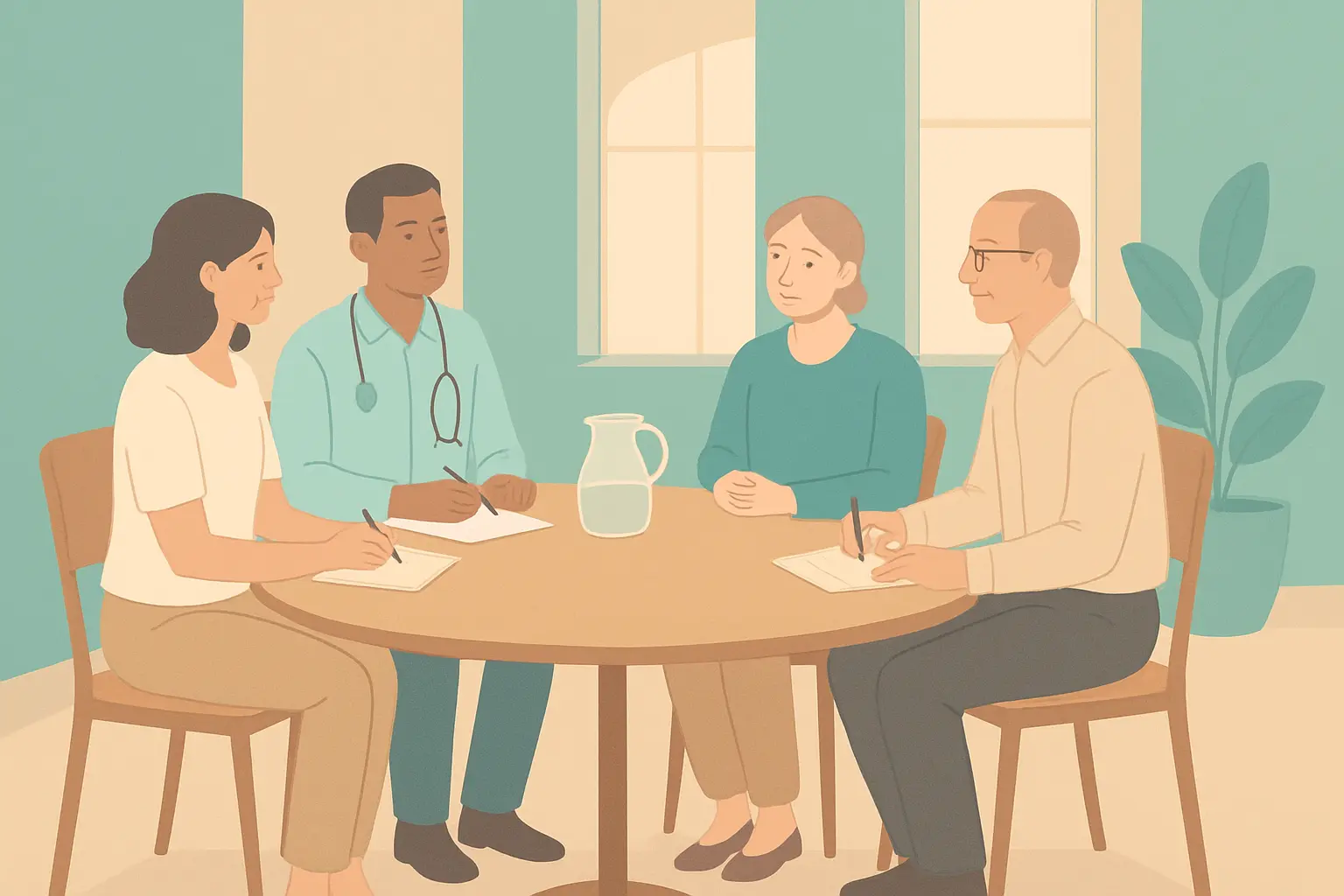 Illustration of a care team seated around a table with an open chair, representing raising smoking with your oncology team