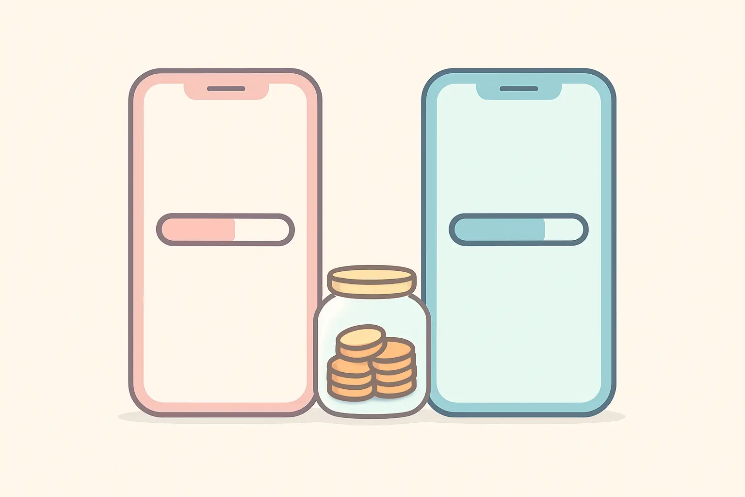 Illustration of two separate phone progress trackers next to a single shared jar of coins, representing two people tracking individually while saving toward one shared goal