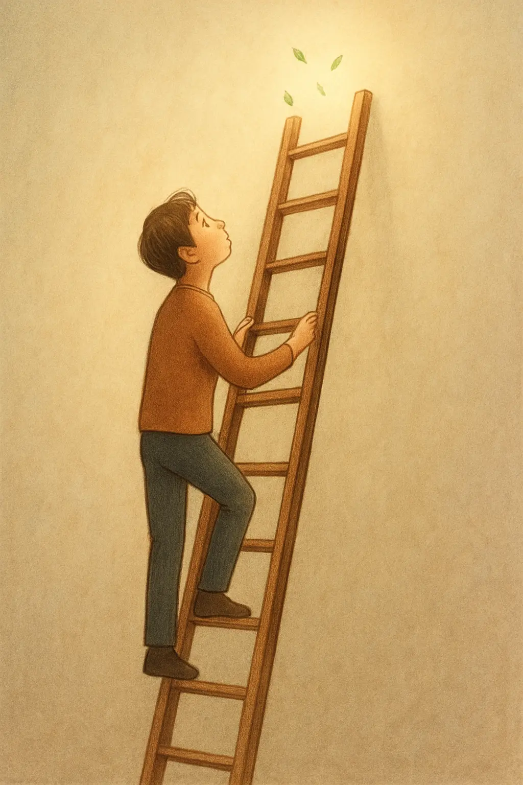 Illustration of a person on the middle rung of a seven-rung ladder looking up, representing levels of motivation to stop smoking