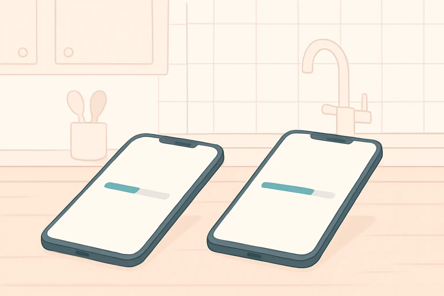 Illustration of two phones on a table, one showing a paused progress bar and one showing a steady rising bar, representing separate tracking where one partner's slip does not affect the other