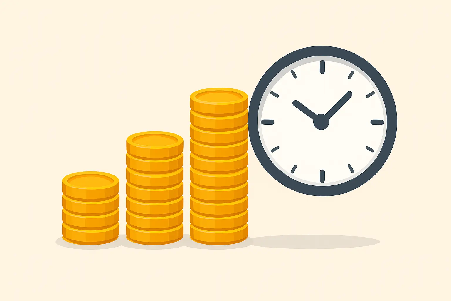 Illustration of coins and a clock representing the combined money and time cost of a smoking habit