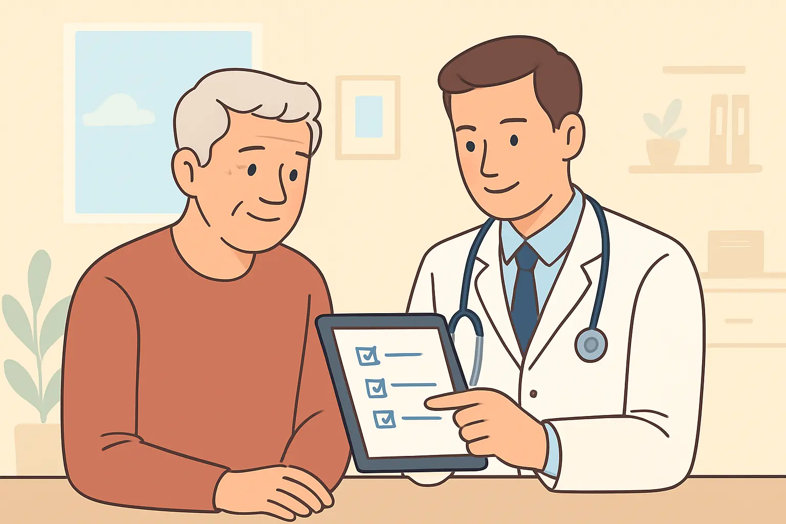 Illustration of an older adult discussing a quit-smoking plan with their doctor