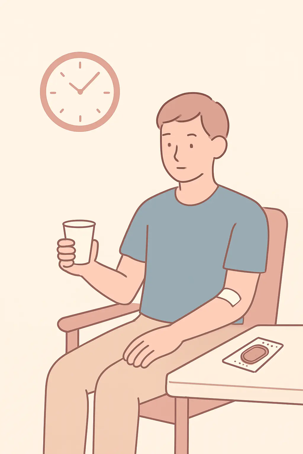 Donor resting after giving blood with a dressing on the arm, a cup of water and a snack, under a wall clock