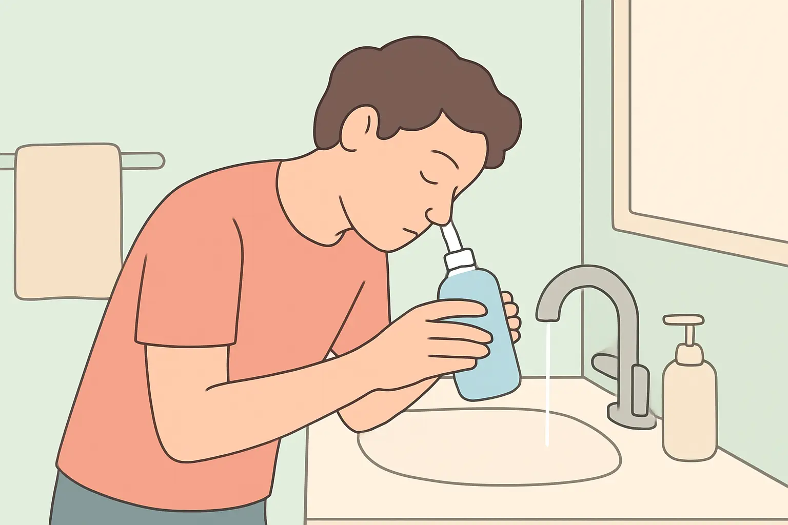 Illustration of a person using a saline nasal rinse for sinus relief